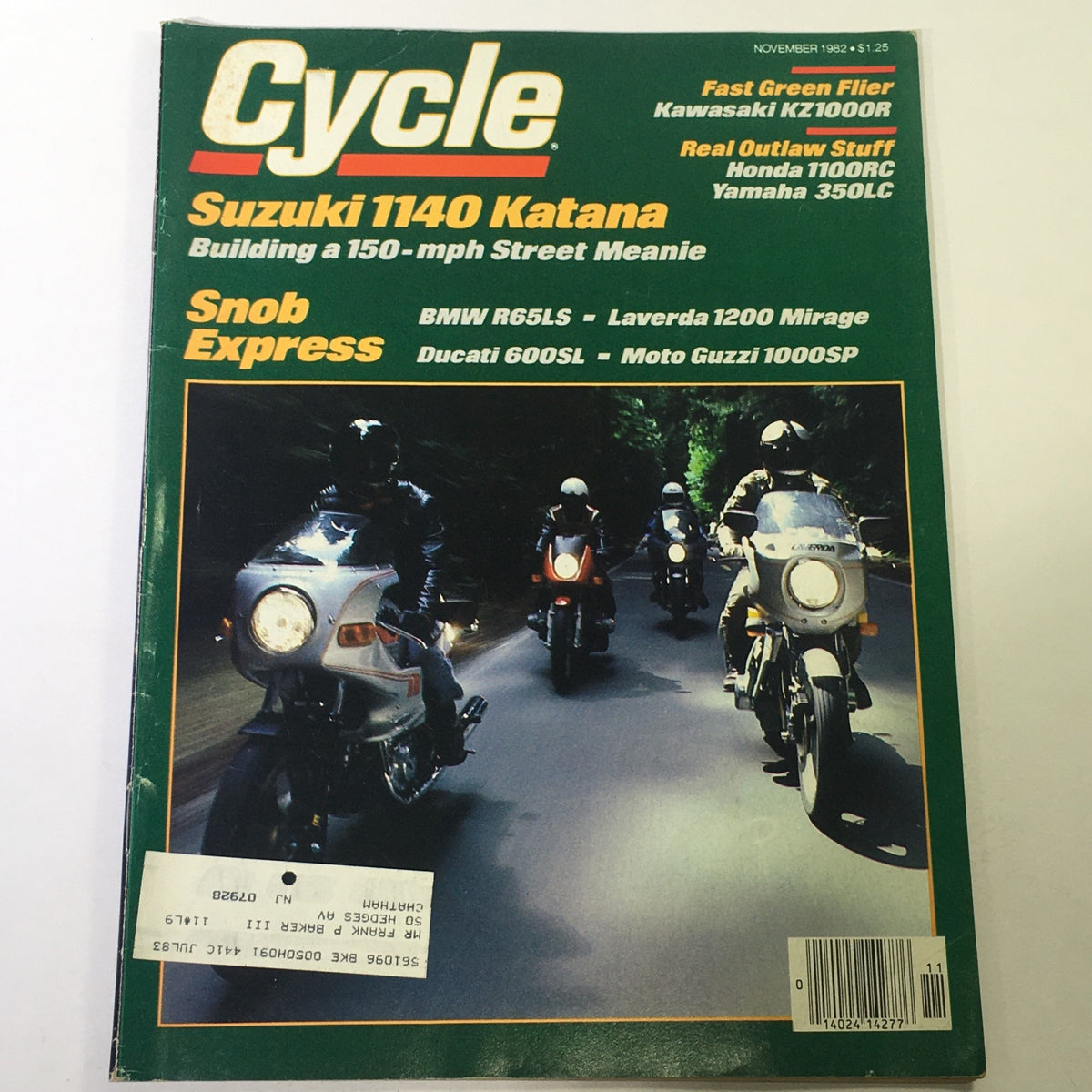 Cover of VTG Cycle Magazine November 1982 featuring the Suzuki 1140 Katana and Kawasaki KZ1000R, showcasing a group of motorcyclists riding on a scenic road, highlighting motorcycle culture in the early 1980s.