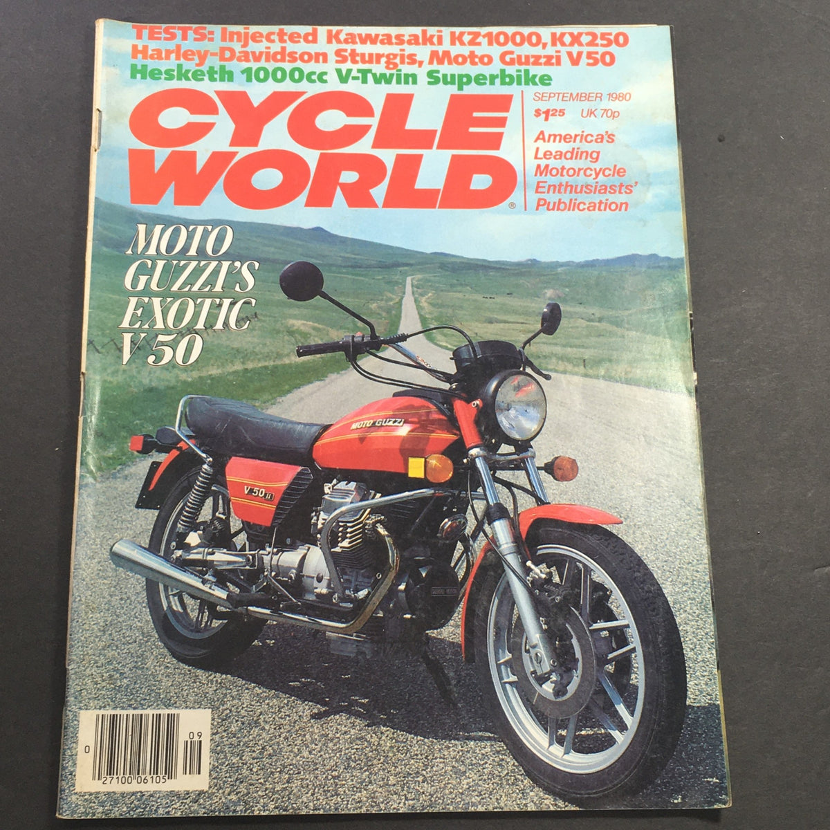 Cycle World Magazine September 1980 featuring Moto Guzzi Exotic V50 on the cover, showcasing sleek motorcycle design against a scenic road backdrop. Perfect for collectors and motorcycle enthusiasts.