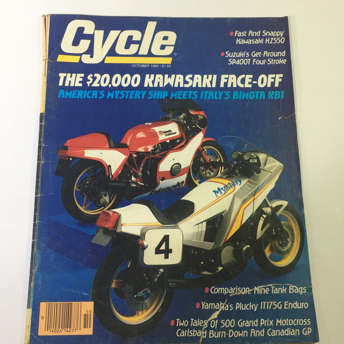 Cover of VTG Cycle Magazine from October 1980 featuring the Kawasaki KZ550 and Bimota KB1 motorcycles, highlighting the $20,000 Kawasaki face-off and articles on iconic motorbikes.