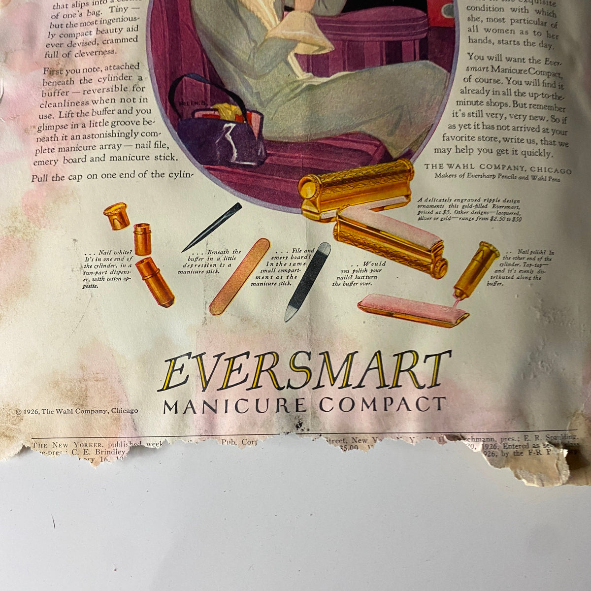 Vintage advertisement for Eversmart Manicure Compact from The New Yorker Complete Magazine November 20, 1926, featuring colorful illustrations and product details.