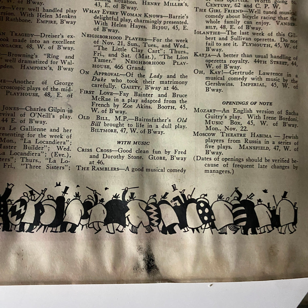Theatrical listings page from The New Yorker Complete Magazine November 20, 1926, featuring cartoonish figures and details about various performances in New York.
