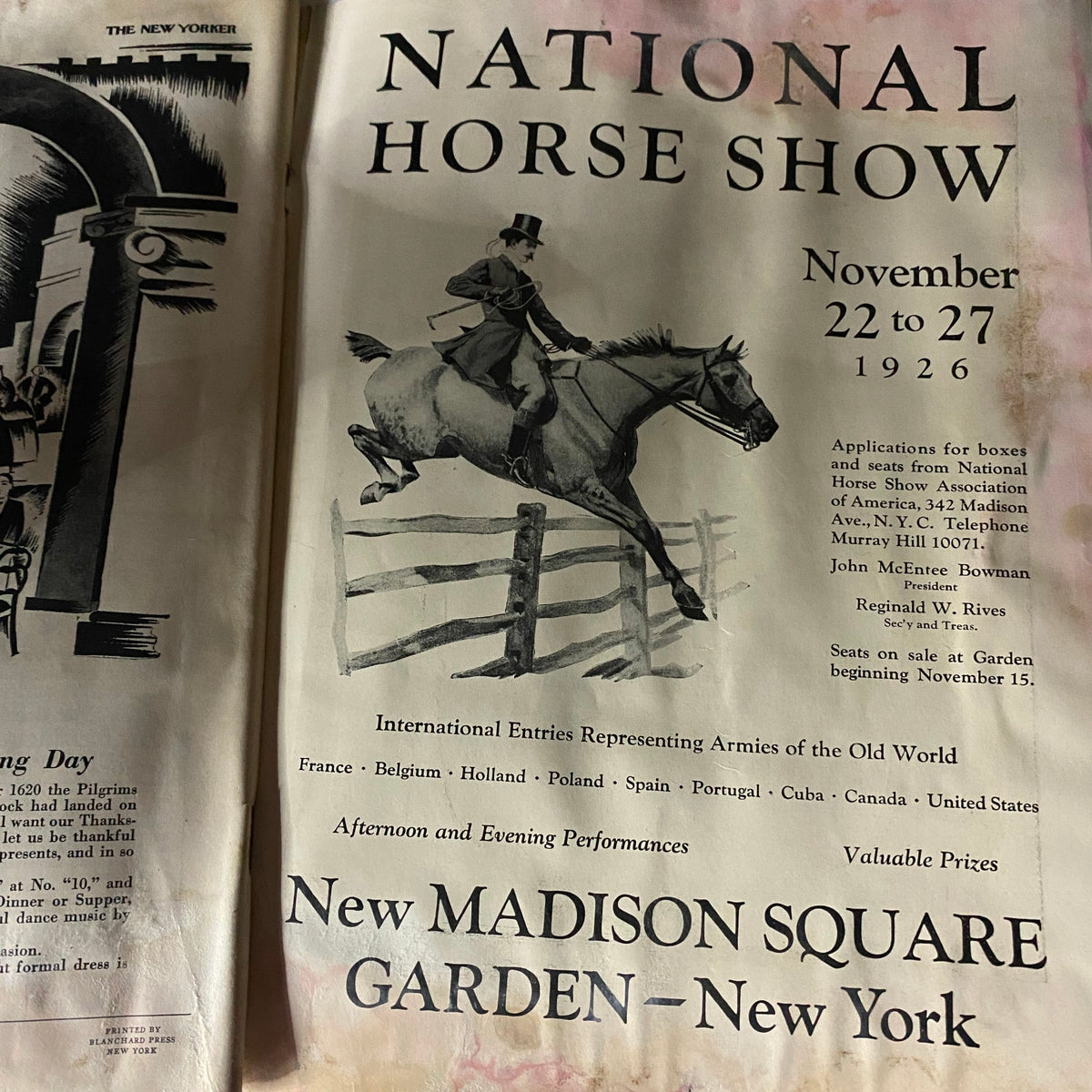 Advertisement for the National Horse Show held from November 22 to 27, 1926, in New Madison Square Garden, featured in The New Yorker Complete Magazine November 20, 1926.