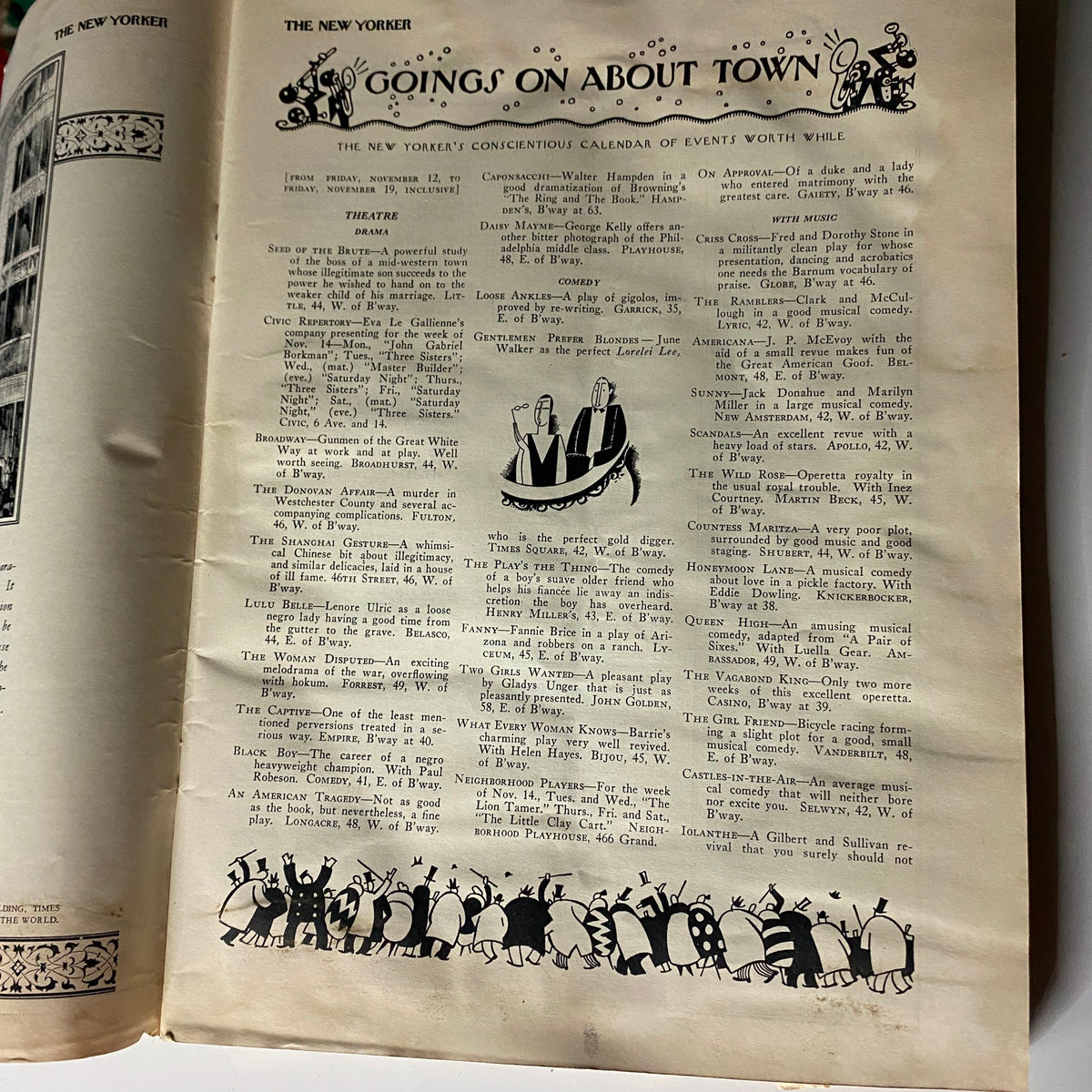 Event calendar page titled 'Goings On About Town' from The New Yorker Complete Magazine November 13, 1926, detailing local events and activities.