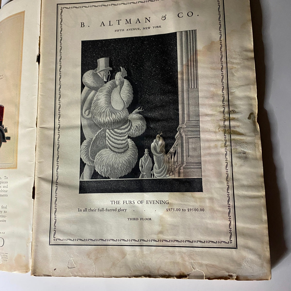 Interior advertisement page from The New Yorker Complete Magazine November 6, 1926 featuring B. Altman & Co. with a vintage fur fashion illustration.