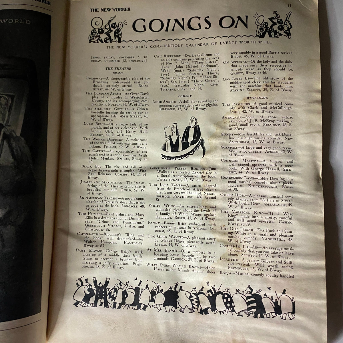 Page of events from The New Yorker Complete Magazine November 6, 1926, displaying the cultural happenings of the time.