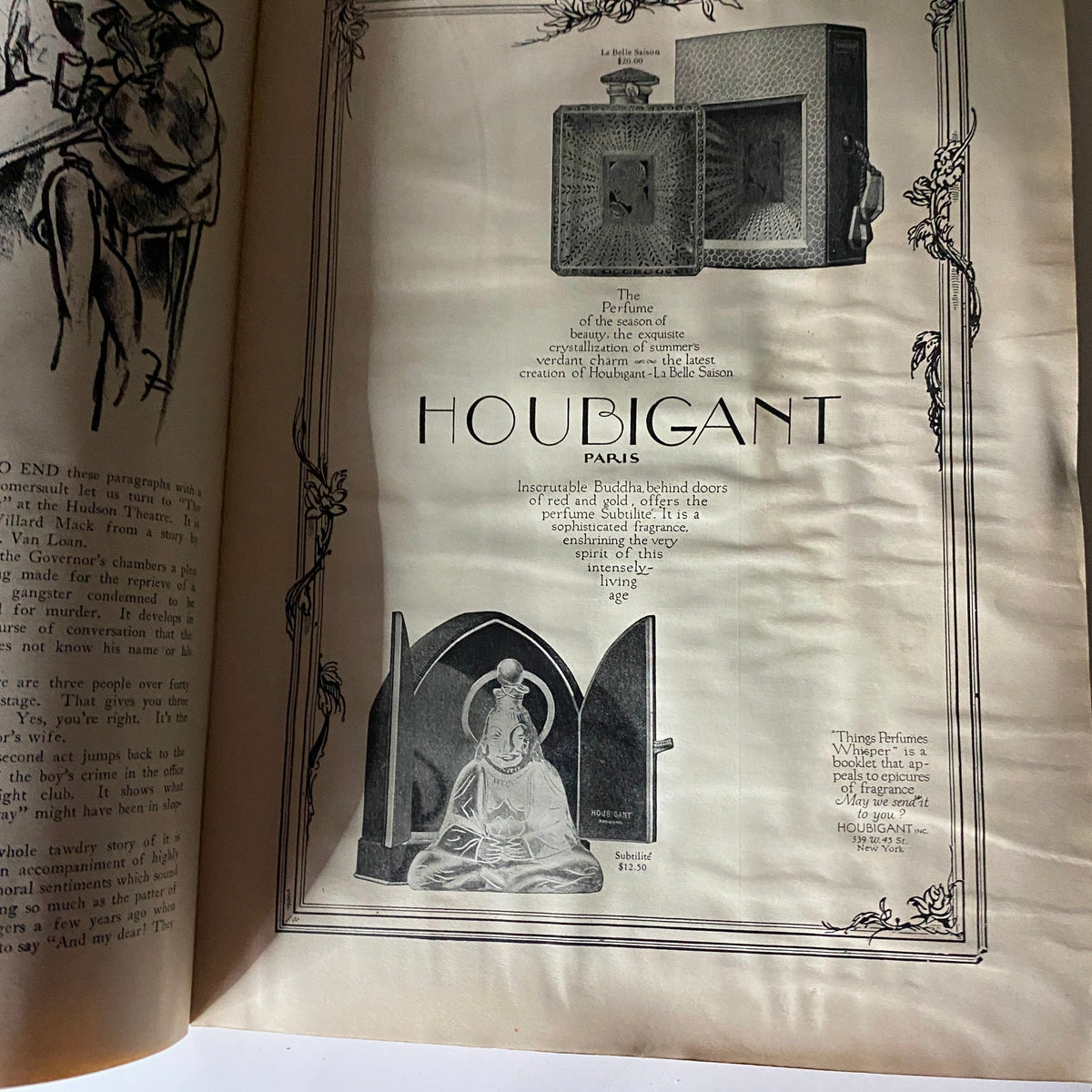 Advertisement for Houdigant perfumes within The New Yorker magazine, November 6, 1926. The image displays decorative elements and elegant design associated with the brand.