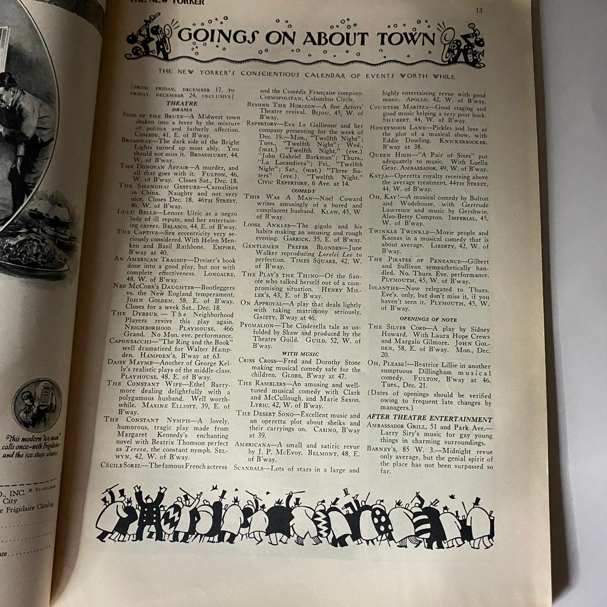 The New Yorker Complete Magazine December 18, 1926 - Page displaying Goings On About Town section, featuring events in New York City.
