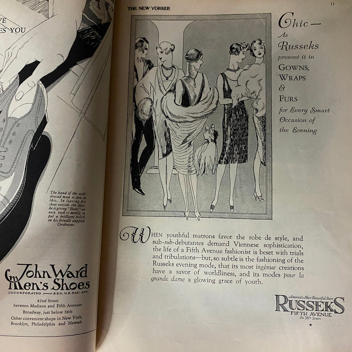 The New Yorker Complete Magazine December 18, 1926 - Page featuring an advertisement for Russesk's, showcasing elegant gowns and fashion for the evening.