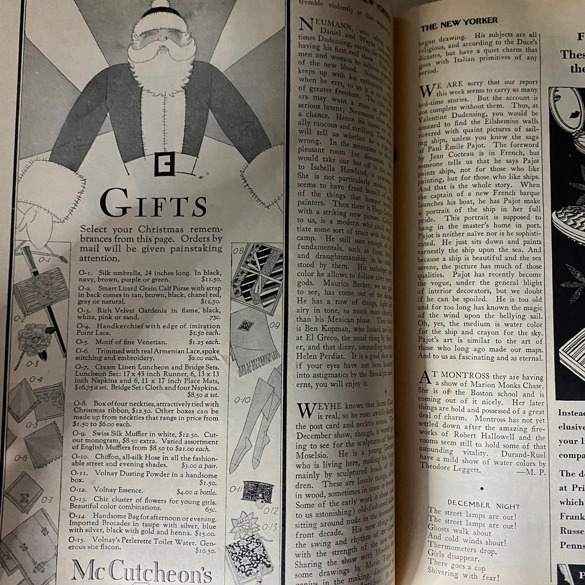 The New Yorker Complete Magazine December 18, 1926 - Page with a gift guide advertisement, highlighting Christmas gift options available from McCutcheon's.