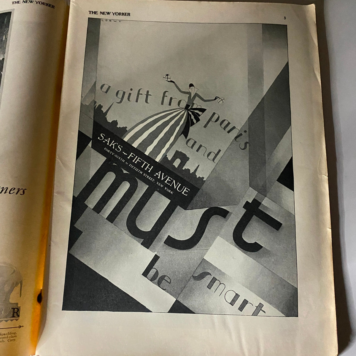 Artistic advertisement from The New Yorker Complete Magazine December 11, 1926, featuring a whimsical design for Saks Fifth Avenue.