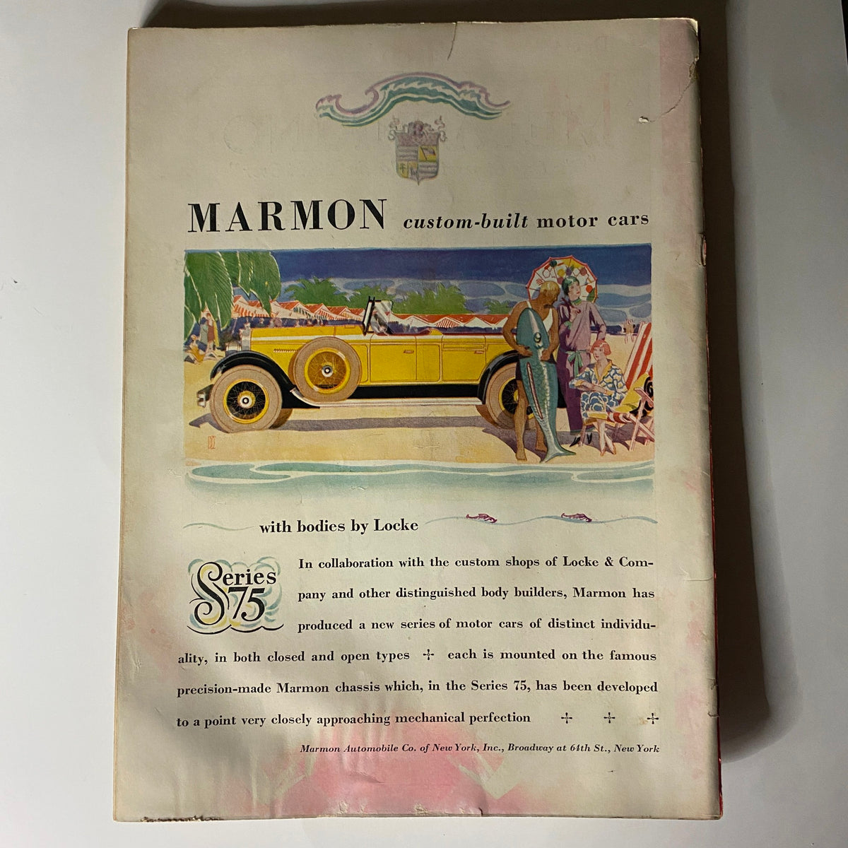 Page from The New Yorker Complete Magazine December 11, 1926 featuring an advertisement for Marmon custom-built motor cars with a vintage illustration of a yellow car and a stylish figure.