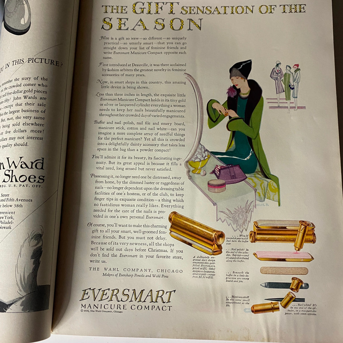 Ad page from The New Yorker Complete Magazine December 4, 1926, promoting the Eversmart Manicure Compact with an elegant illustration.