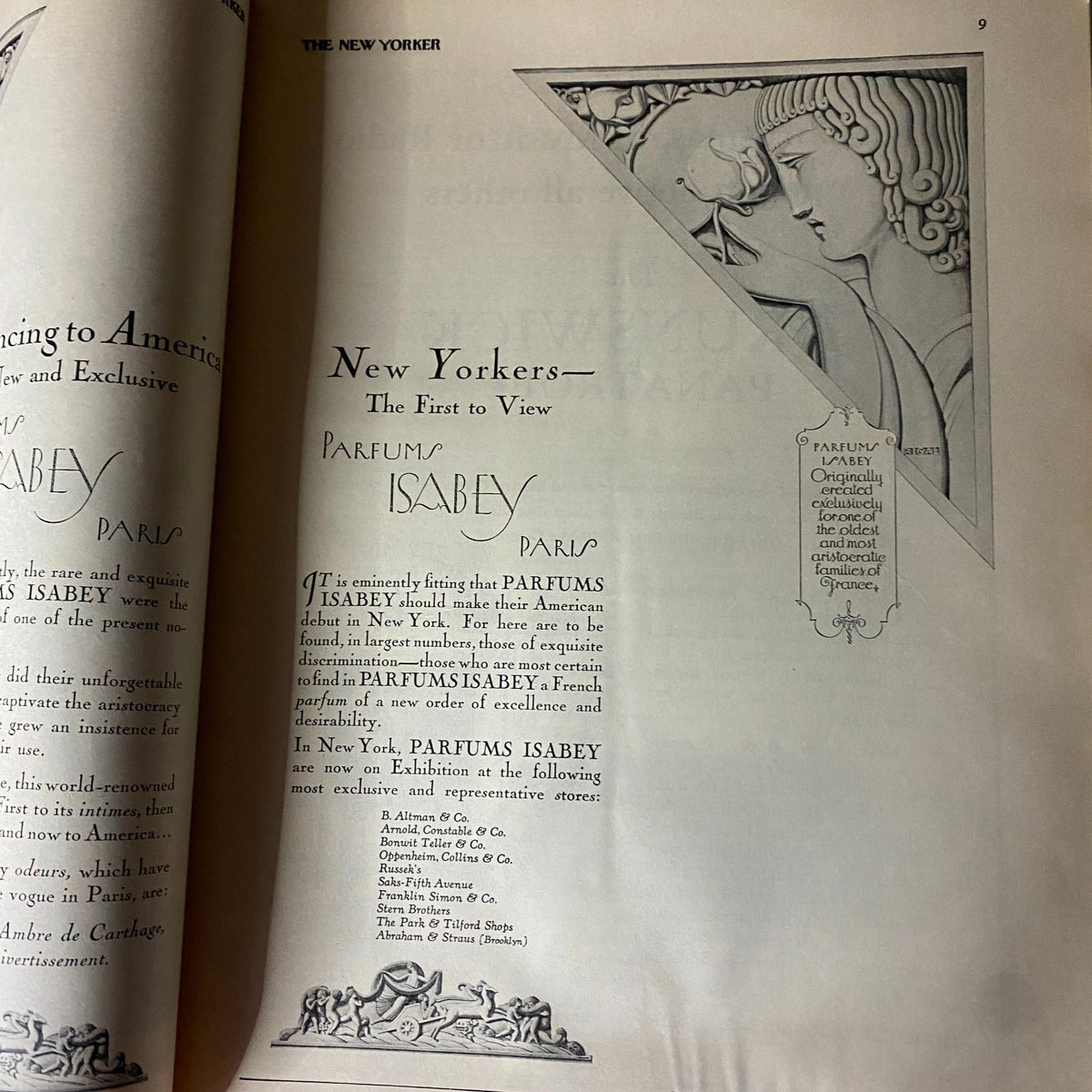 An elegant advertisement featured in The New Yorker Complete Magazine December 4, 1926, promoting Parfums Isabey with sophisticated graphics.