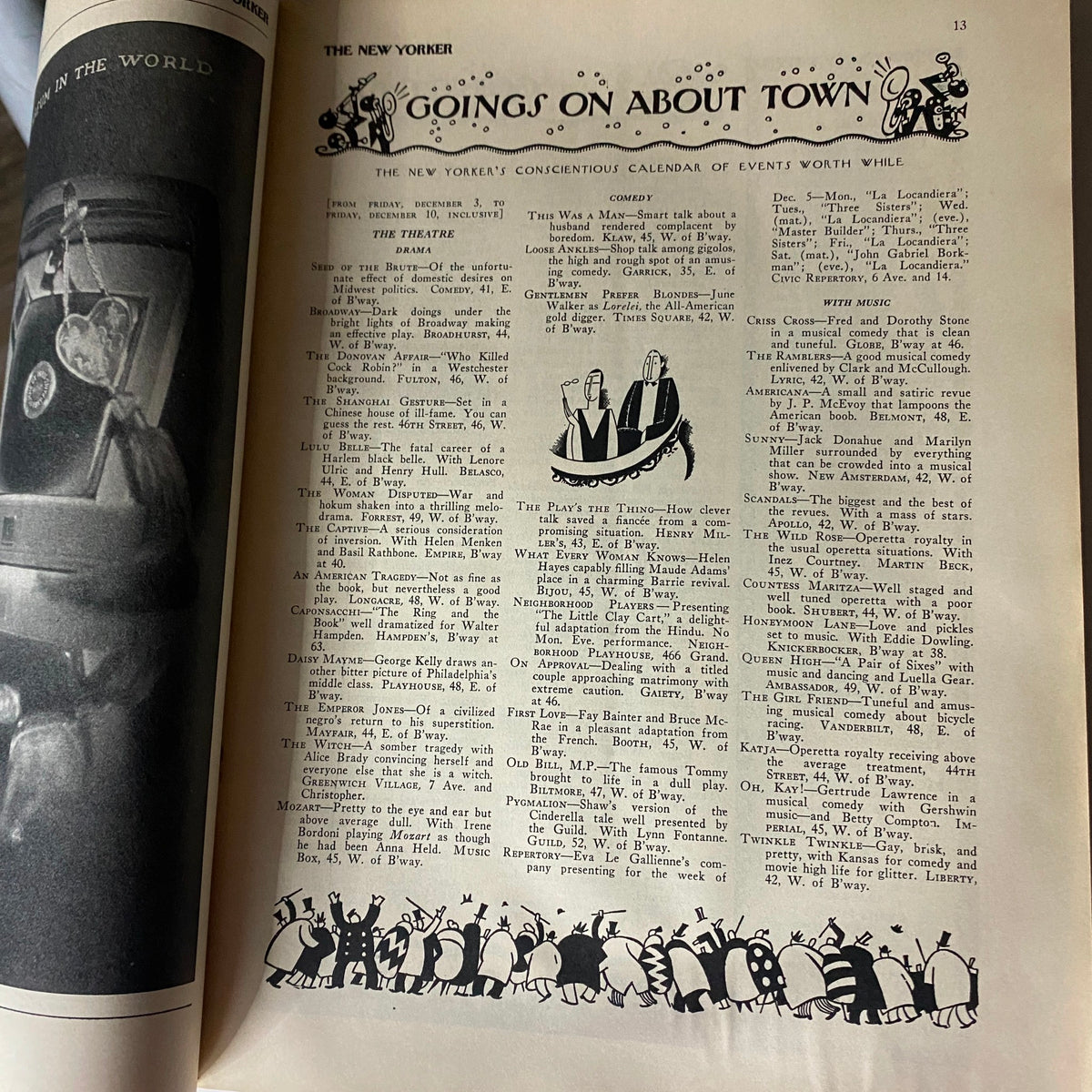Interior page of The New Yorker Complete Magazine December 4, 1926 featuring the 'Goings On About Town' section with humorous illustrations and event calendar.