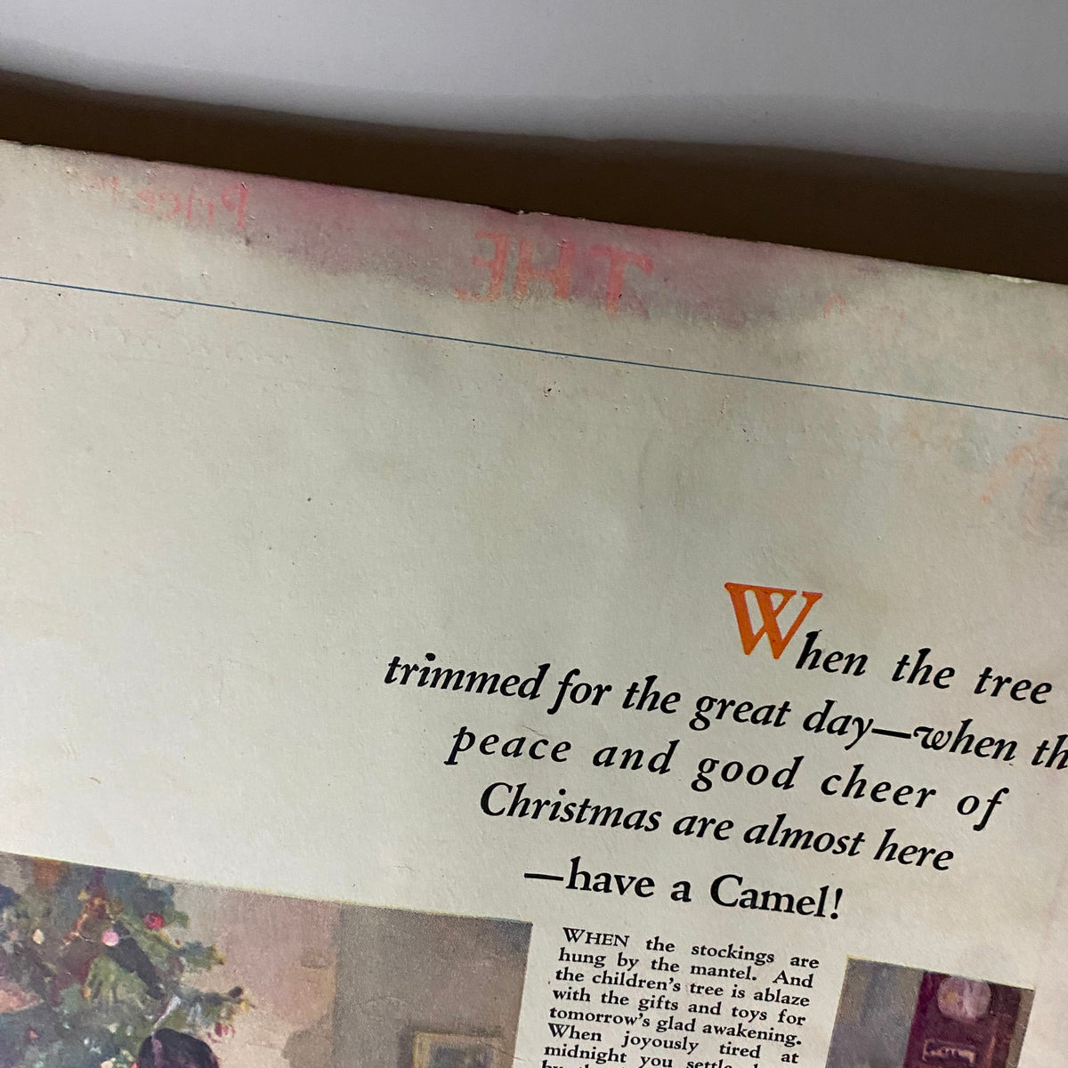 Close-up of the back cover of The New Yorker Complete Magazine December 4, 1926 highlighting a Christmas scene and Camel cigarette advertisement.