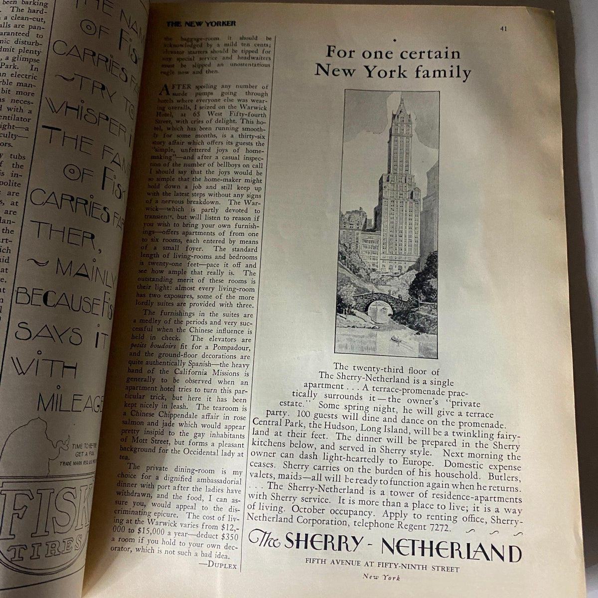 Interior page from The New Yorker Complete Magazine June 11, 1927 with an advertisement for Sherry-Netherland, offering a glimpse into upscale New York life.