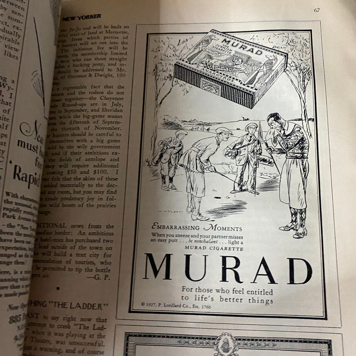 Interior page of The New Yorker Complete Magazine June 11, 1927 featuring an advertisement for Murad cigarettes with an illustration of people in traditional attire.