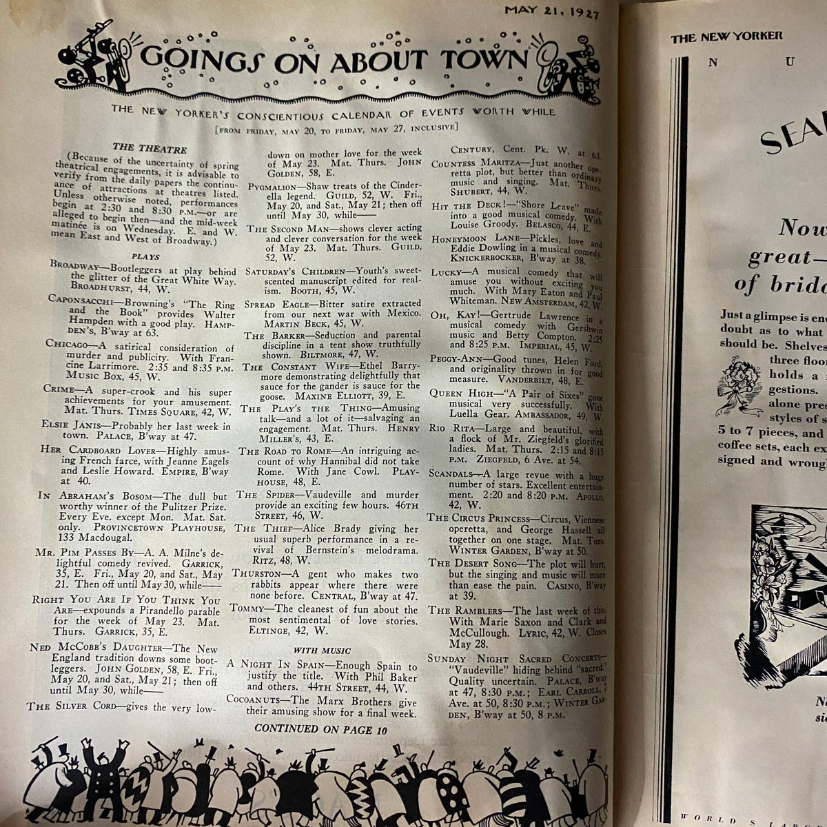 Goings on About Town section from The New Yorker Complete Magazine May 21, 1927 featuring events and activities.