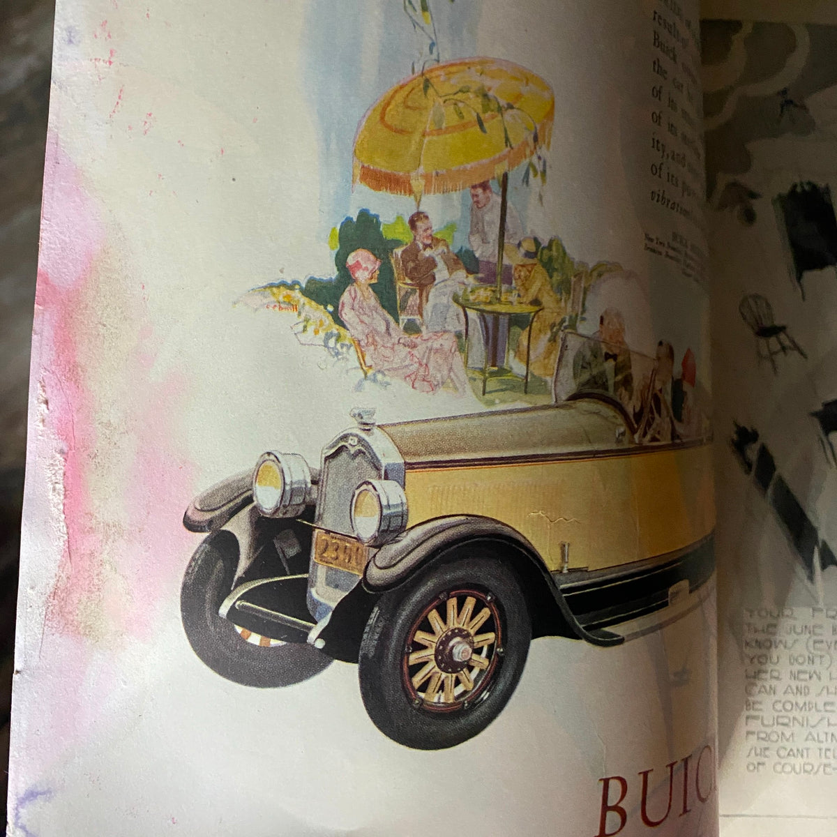 Interior page of The New Yorker Magazine June 4, 1927 showcasing an elegant vintage Buick car with people enjoying a social gathering.