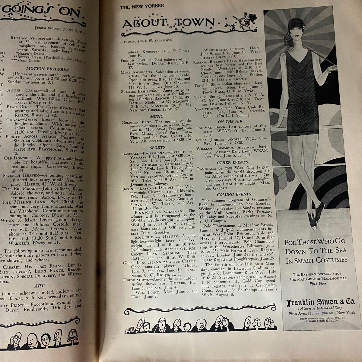About Town section of The New Yorker Complete Magazine June 4, 1927, featuring listings and cultural commentary.