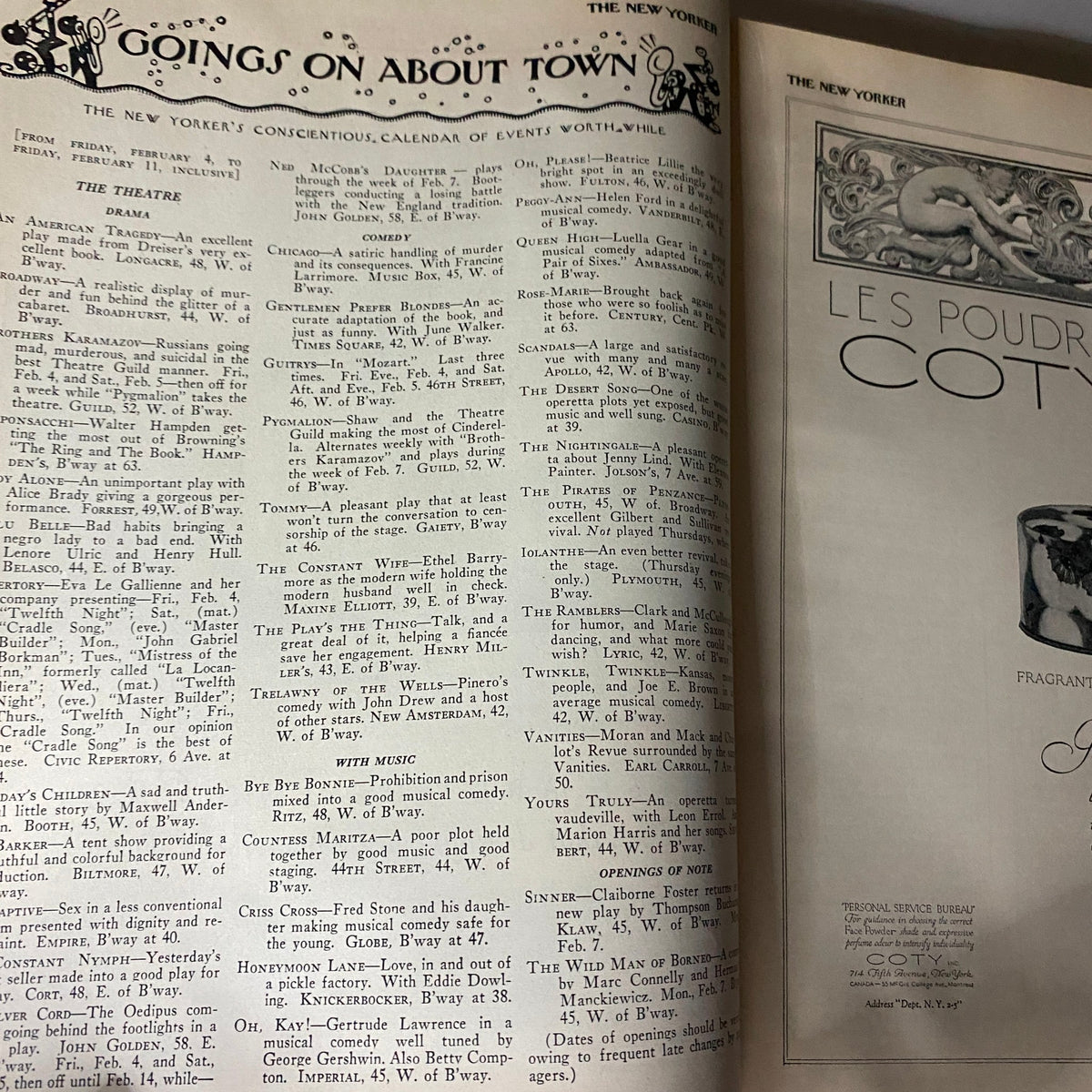 Inside spread of 'The New Yorker Complete Magazine February 5, 1927' featuring the 'Goings On About Town' section with listings of events and activities.