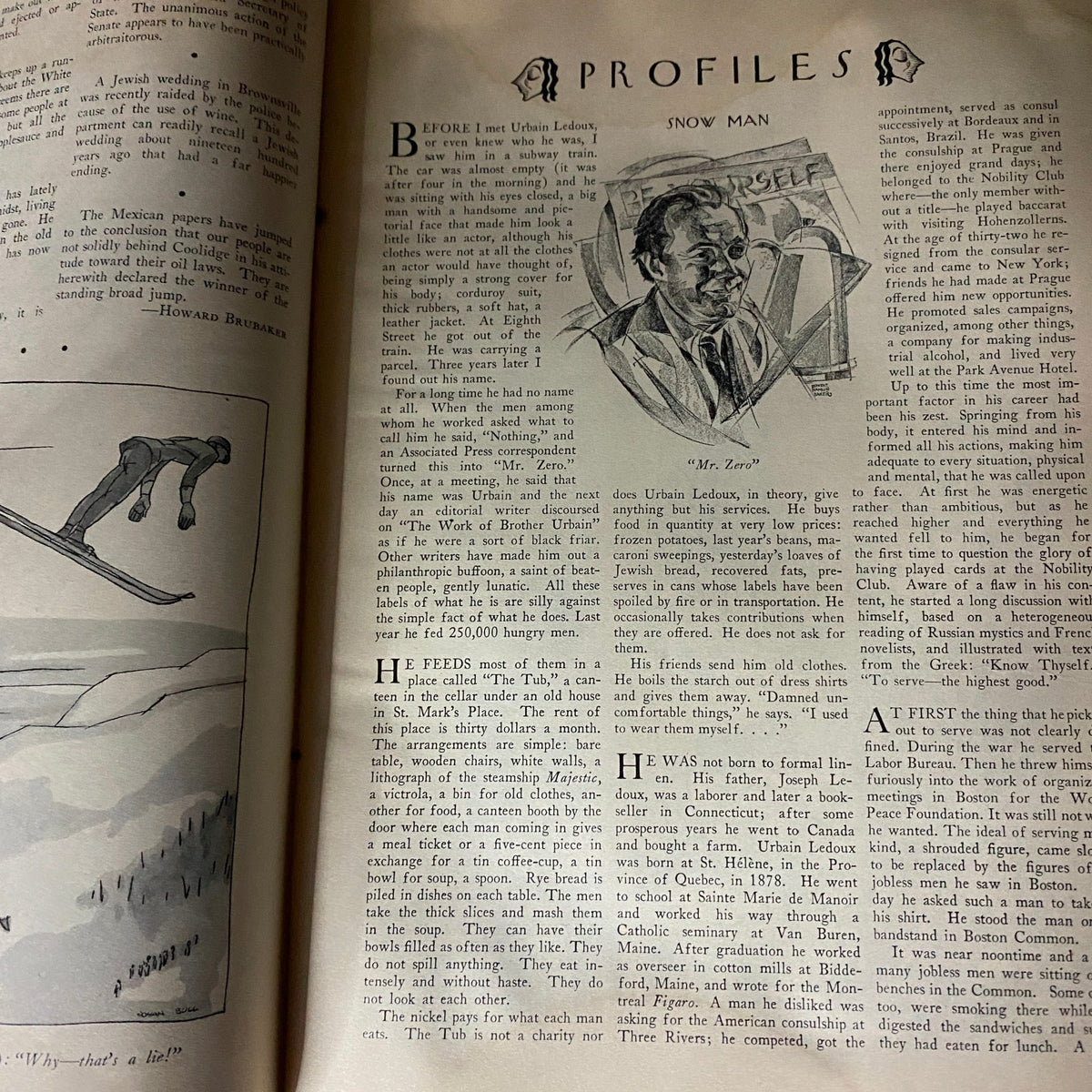 Interior page of The New Yorker Complete Magazine February 5, 1927 featuring a profile article about a notable figure, illustrated portrait of 'Mr. Zero' by Hans O. Hofmann.