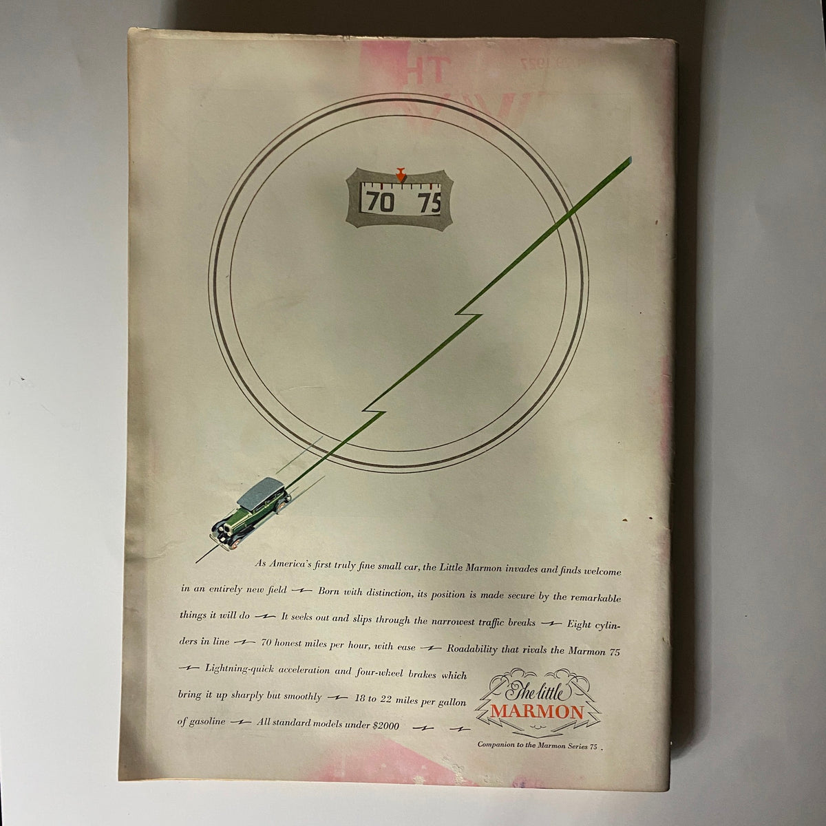 Back cover of The New Yorker Complete Magazine February 5, 1927 displaying an advertisement for Marmon automobiles with a unique graphical design.