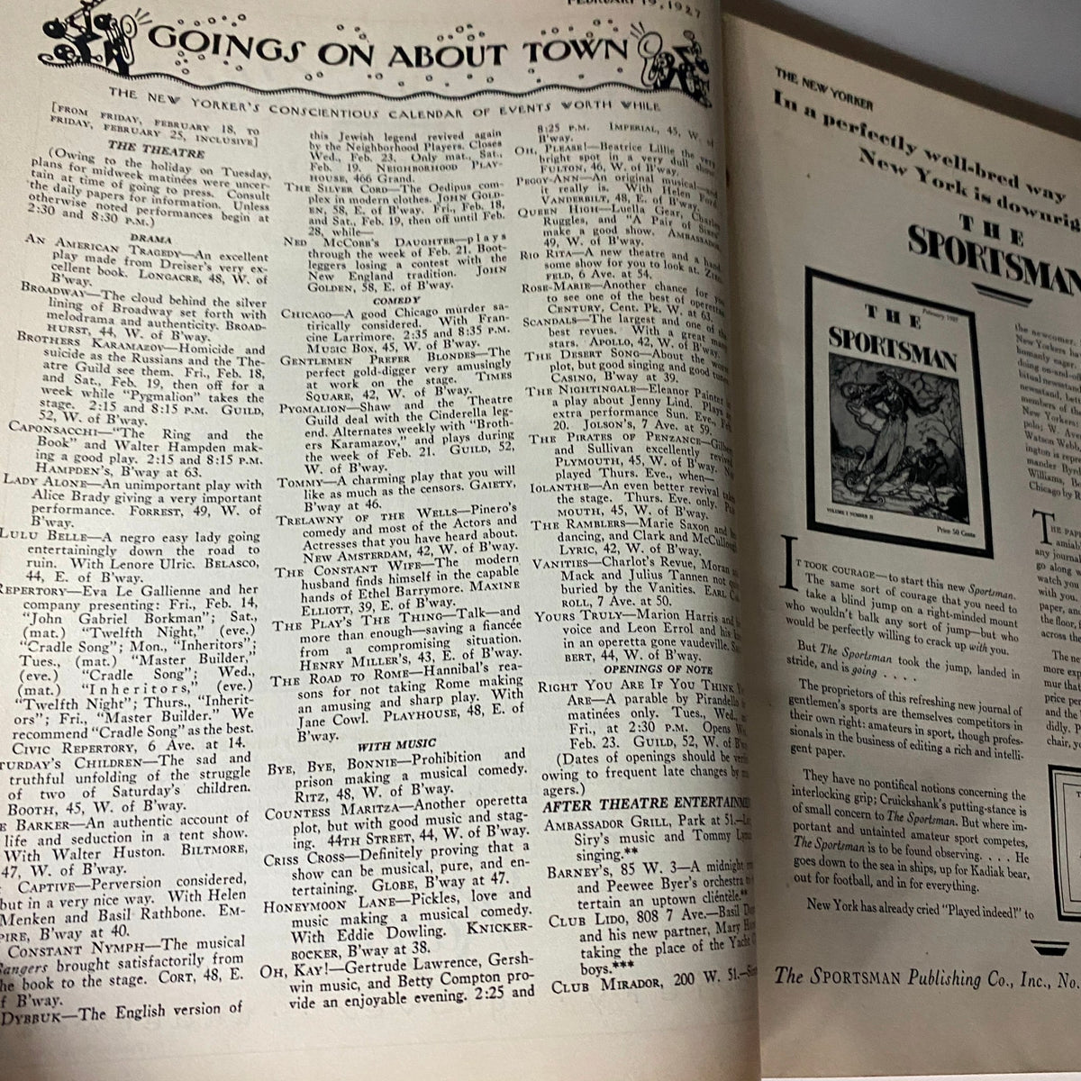 Going On About Town section from The New Yorker Complete Magazine February 19, 1927 featuring events and listings.