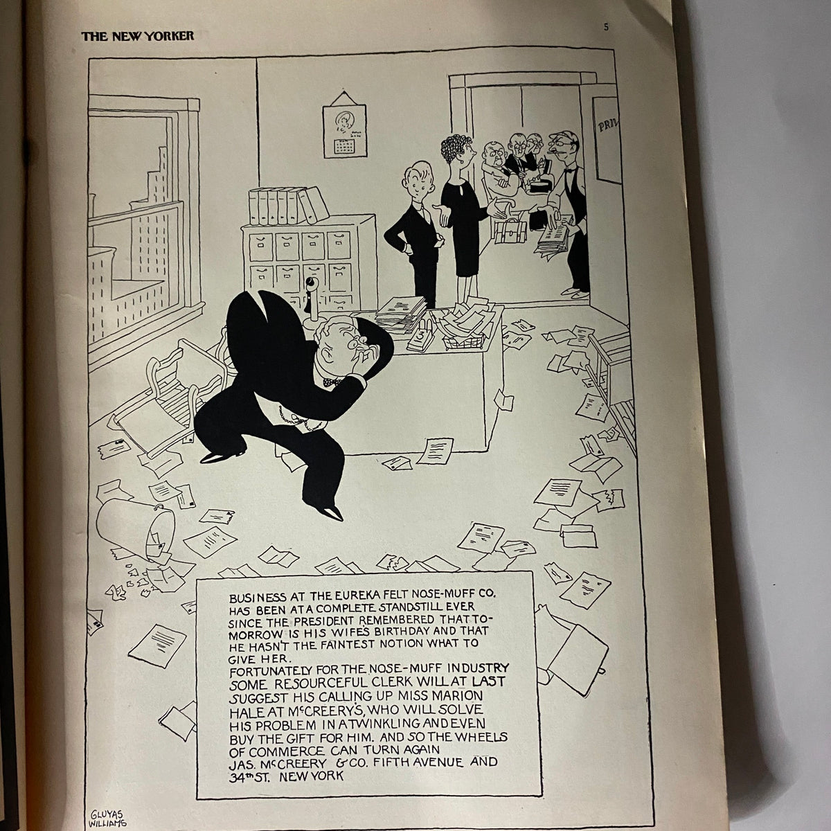Illustration from The New Yorker Complete Magazine February 19, 1927 featuring a humorous scene with a businessman in an office setting by cartoonist Gluyas Williams.