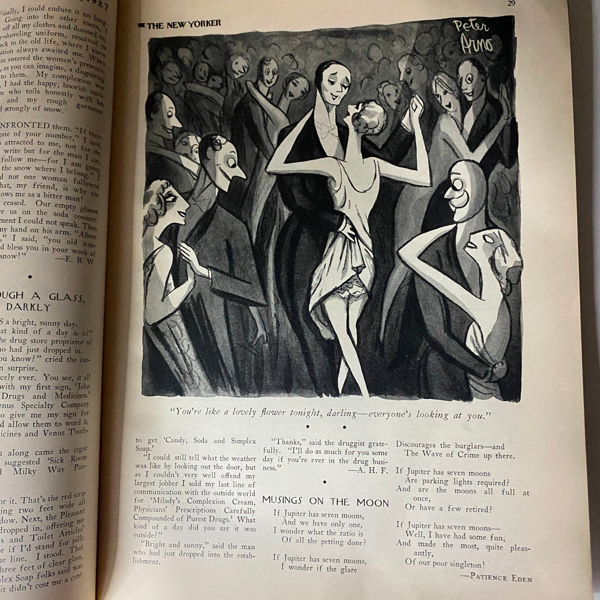 Artistic black and white illustration from The New Yorker Complete Magazine February 19, 1927 depicting a lively dance scene with elegantly dressed figures, by artist Peter Arno.