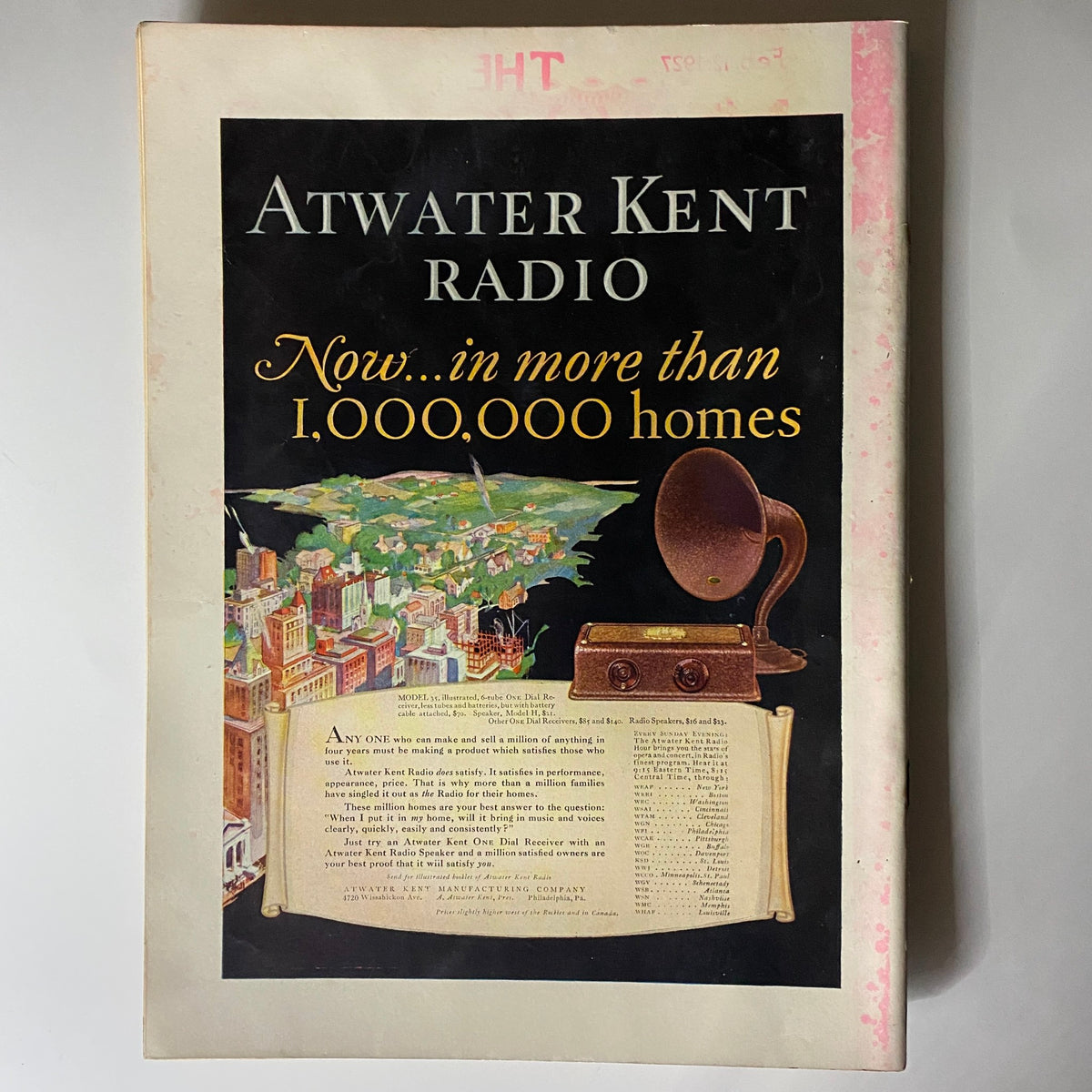 Advertising page from The New Yorker Complete Magazine February 19, 1927 promoting Atwater Kent radios, showcasing a vintage design and a map of a city.