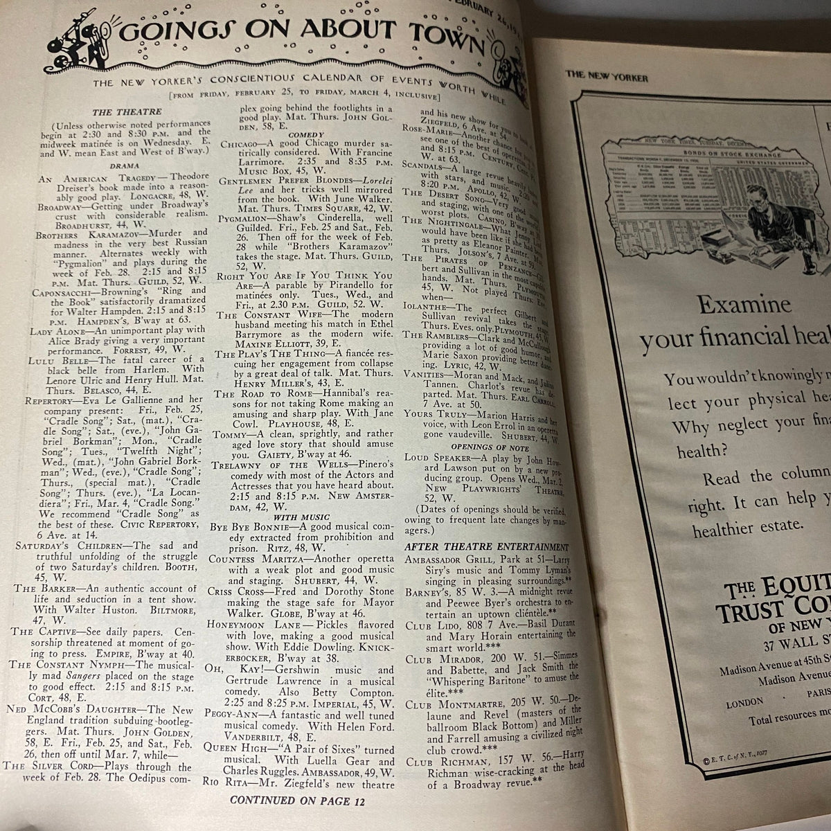 Interior page of The New Yorker magazine from February 26, 1927, displaying the Goings On About Town section and showcasing event listings, relevant to the magazine's cultural significance and history.