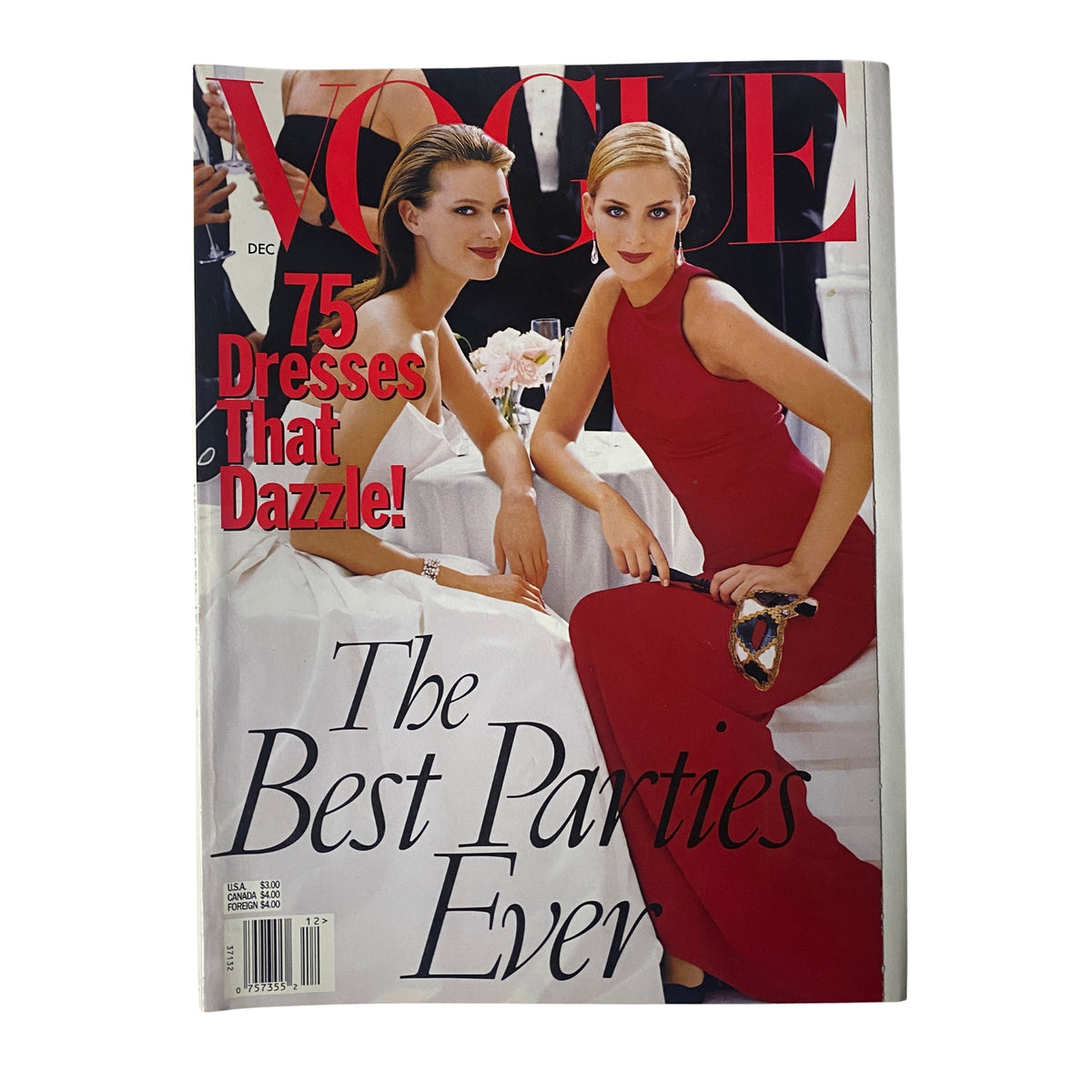 Cover of Vogue Magazine December 1997 featuring models Shalom Harlow and Georgina Grenville, showcasing a fashion theme with the headline '75 Dresses That Dazzle!' and 'The Best Parties Ever'.