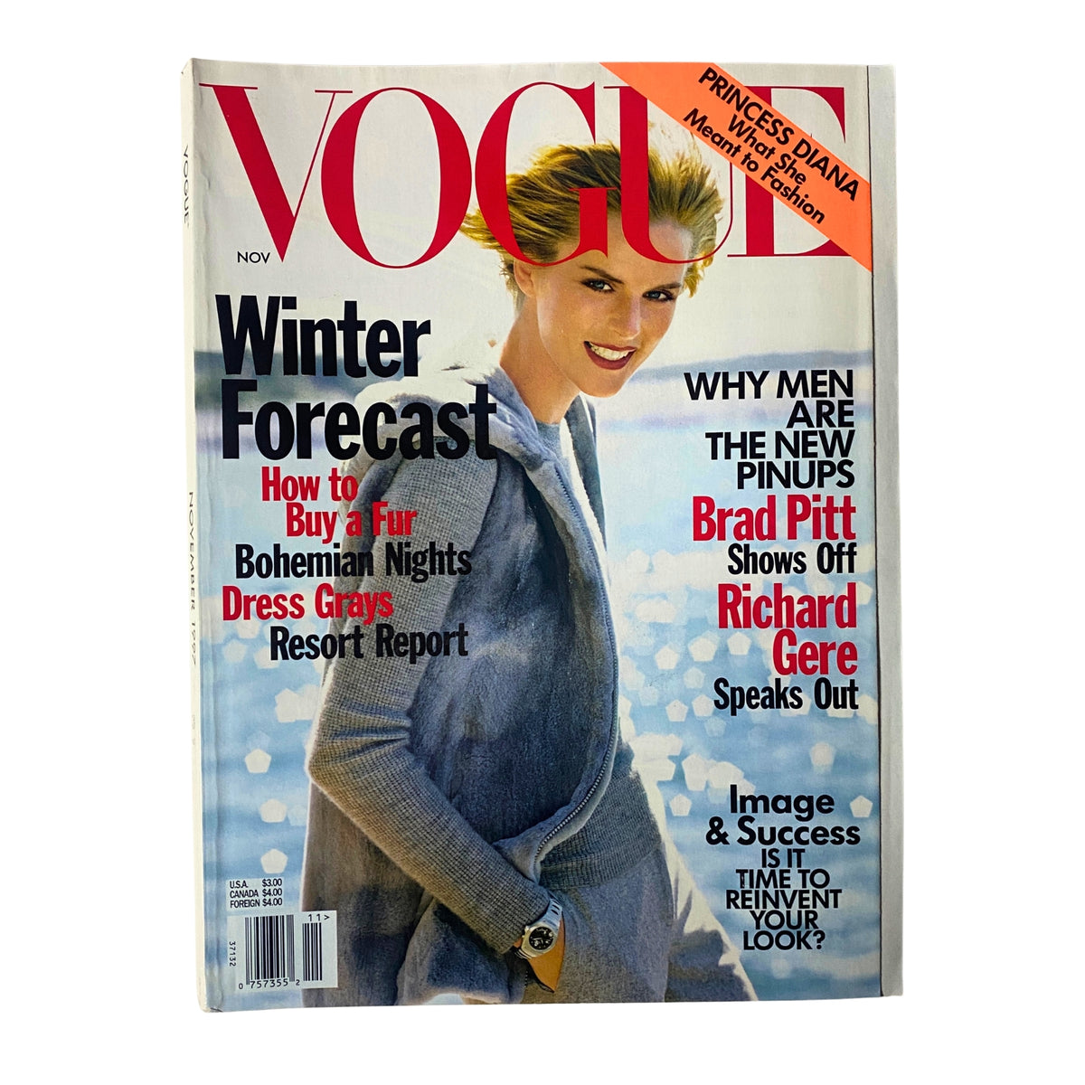 Cover of Vogue Magazine November 1997 featuring Stella Tennant photographed by Steven Meisel, highlighting articles on fashion, Brad Pitt, Richard Gere, and winter forecasts.