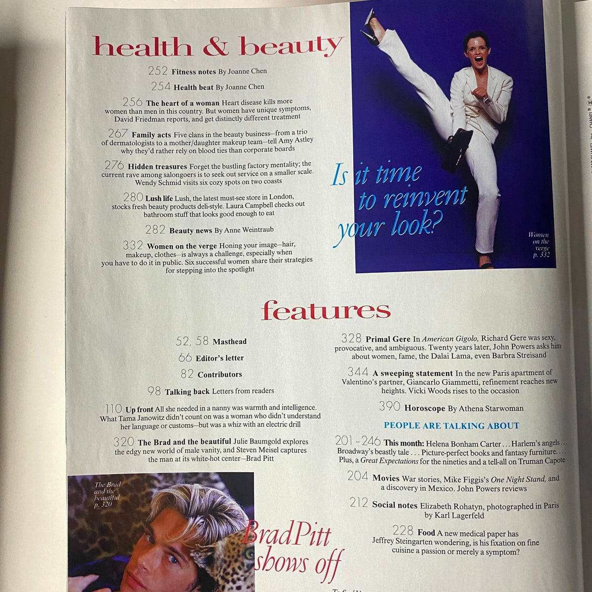 Inside page of Vogue Magazine November 1997, detailing health and beauty articles by Joanne Chen and a feature on celebrity profiles, highlighting Brad Pitt.