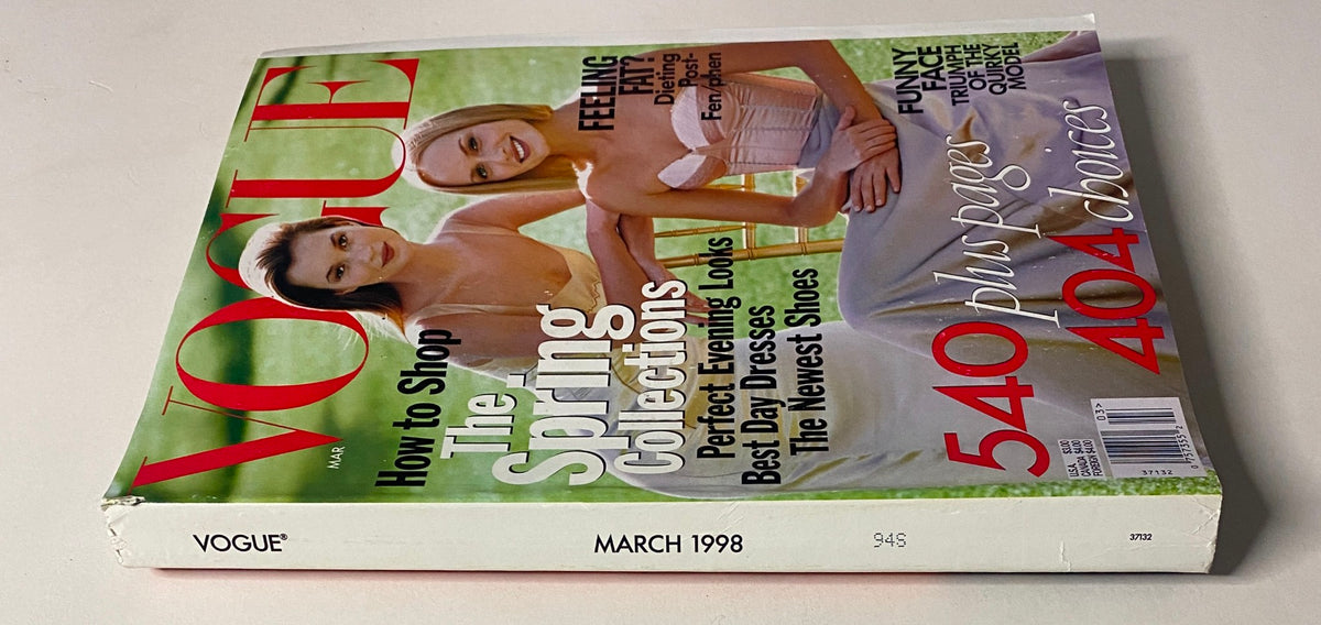 Vogue Magazine March 1998 featuring Kate Moss and Amber Valletta on the cover, showcasing the latest fashion trends for spring, highlighting style and collections.