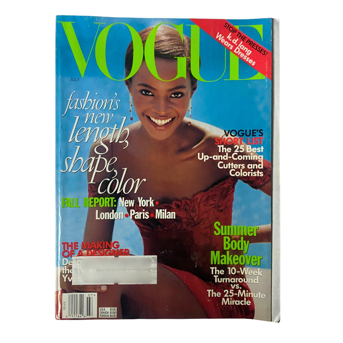 Vogue Magazine cover from July 1997 featuring model Kiara Kabukuru, photographed by Steven Meisel, highlighting fashion's new length, shape, and color.