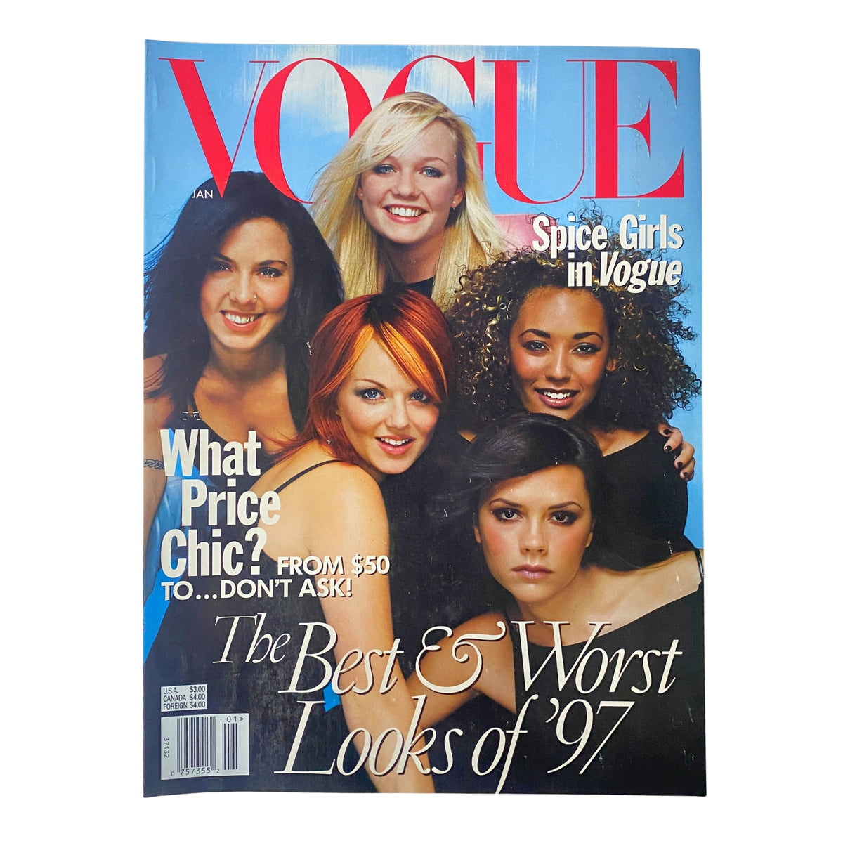 Vogue Magazine January 1998 cover featuring the Spice Girls - Sporty, Ginger, Baby, Scary, and Posh. The cover highlights the best and worst looks of '97, emphasizing fashion trends and iconic pop culture moments.