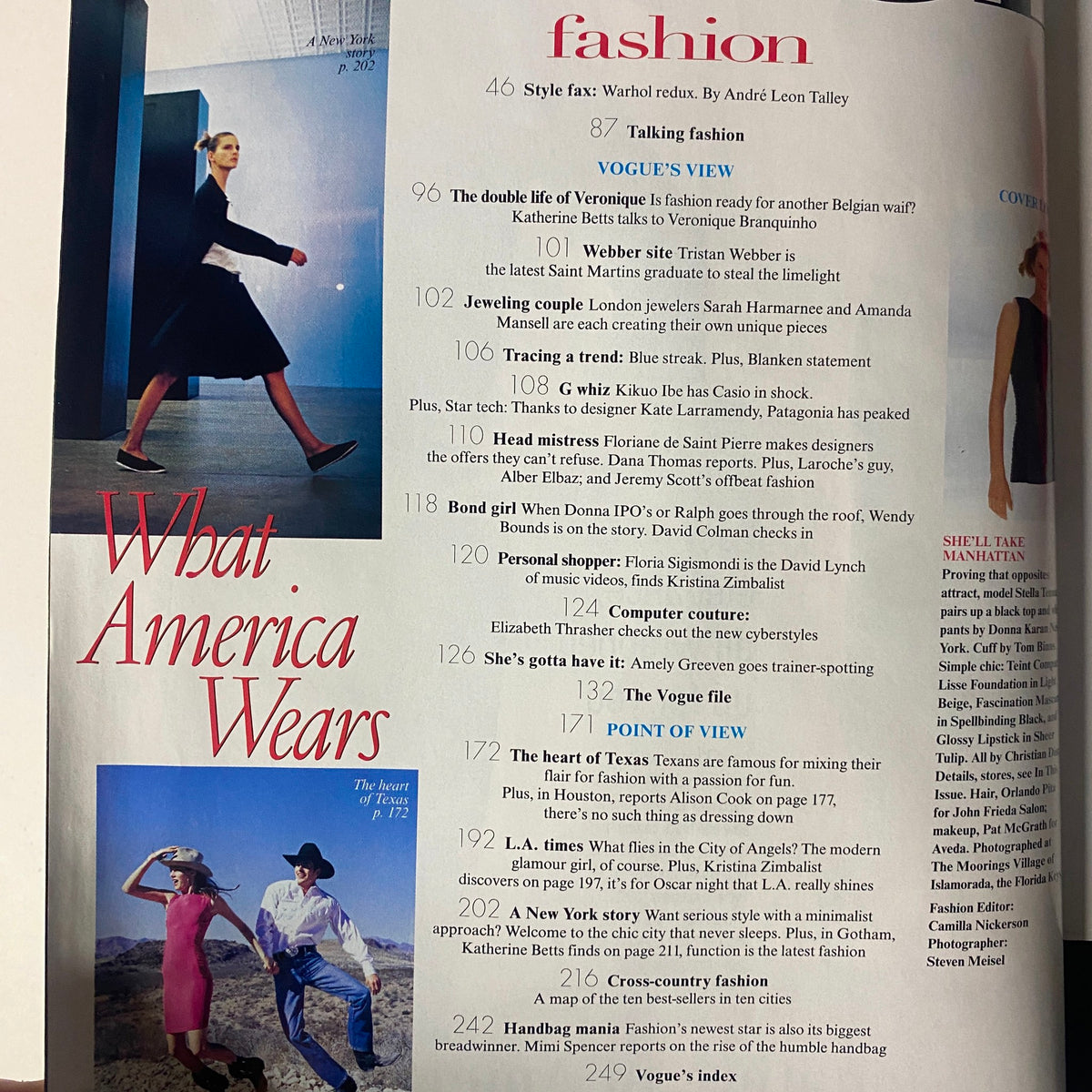 Interior page of Vogue Magazine February 1998 displaying the contents section, revealing fashion features and articles included in the issue.
