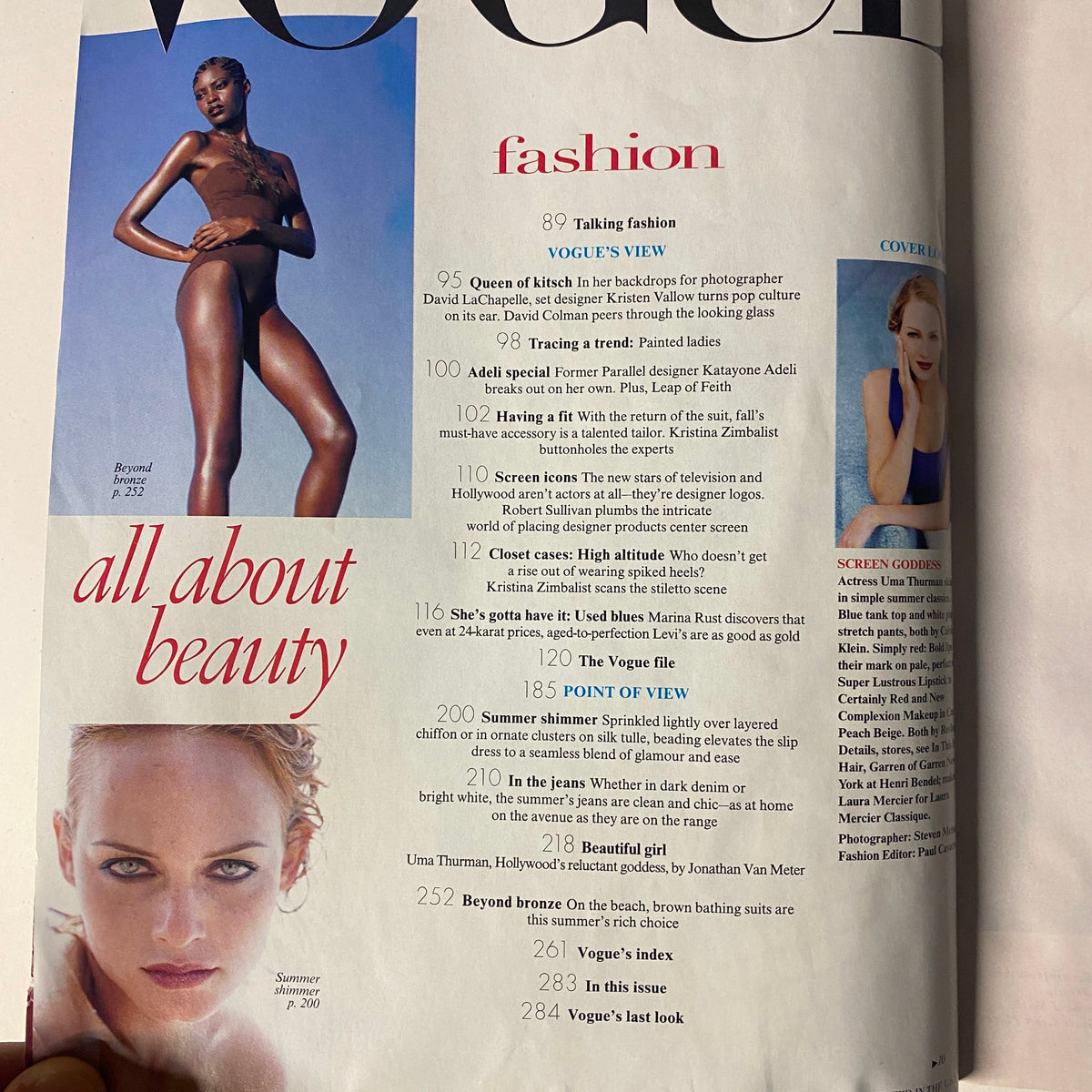 Inside page of Vogue Magazine June 1997, displaying fashion contents including features on Uma Thurman.