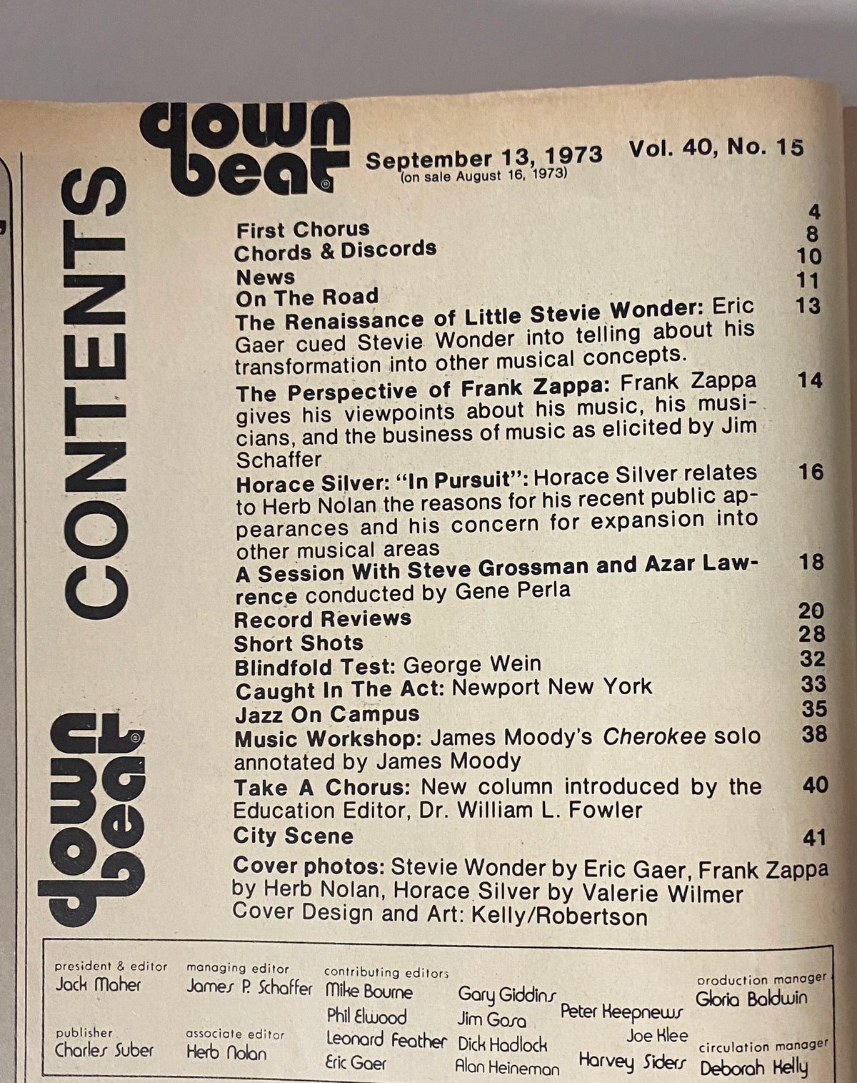 Contents page of Down Beat Magazine September 13, 1973 Vol 40 No. 15 featuring articles on Stevie Wonder and Frank Zappa, along with other music-related features.