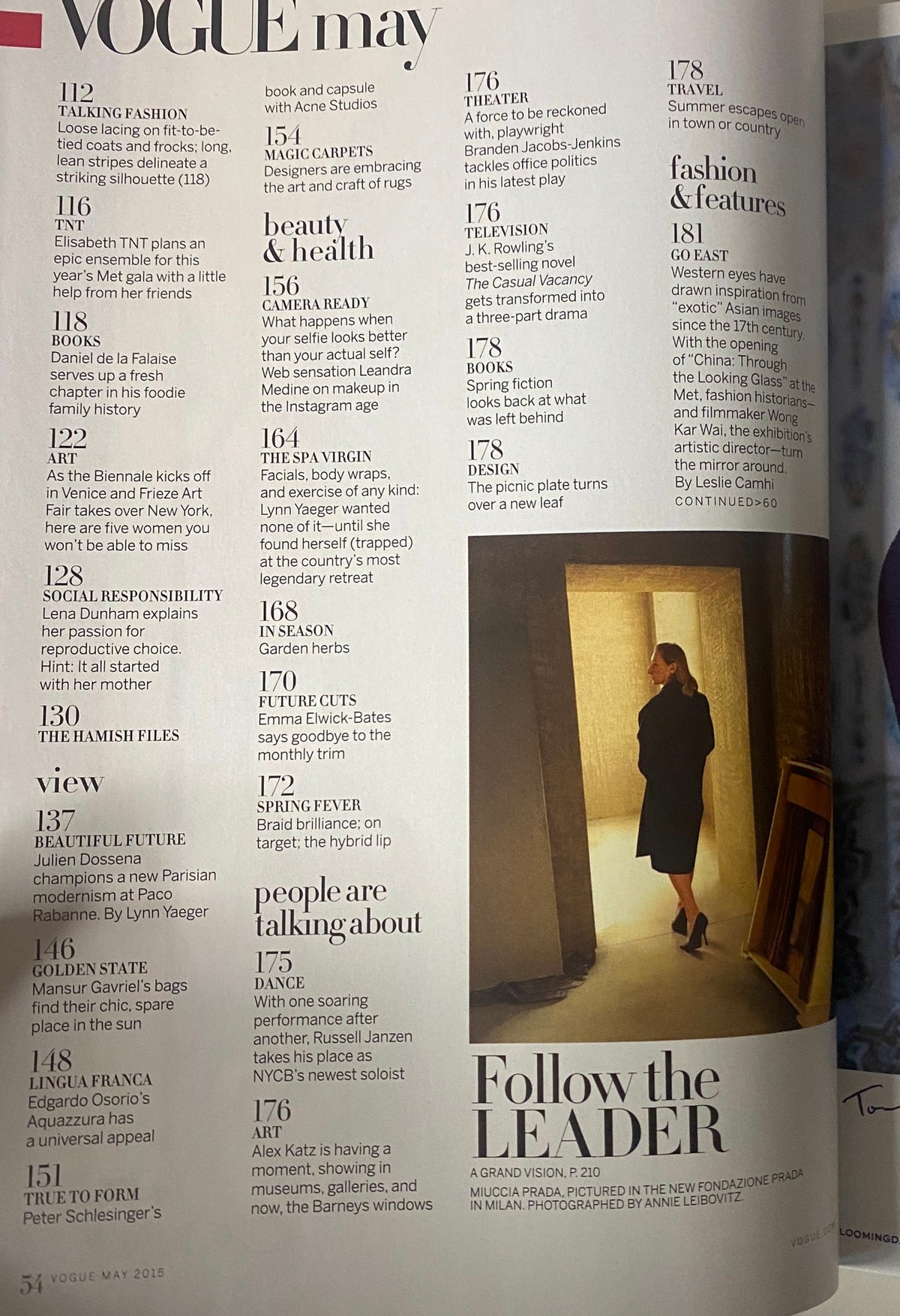 Contents page of Vogue Magazine May 2015, detailing features and articles including fashion, beauty, and cultural highlights.