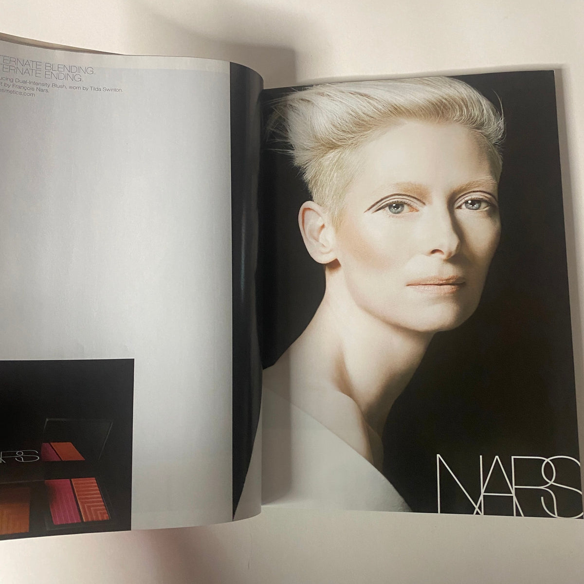 Beauty feature page from Vogue Magazine May 2015, highlighting makeup trends with a pristine image of Tilda Swinton.