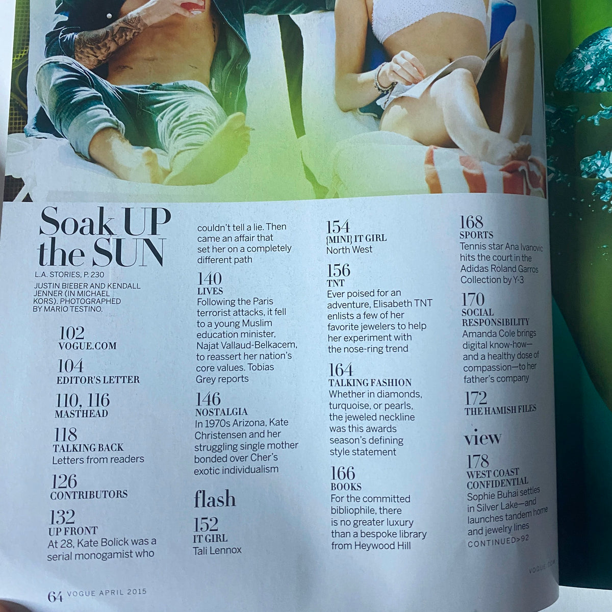 Contents page from Vogue Magazine April 2015 highlighting features like 'Soak Up The Sun' and stories about celebrities including Kendall Jenner and North West.