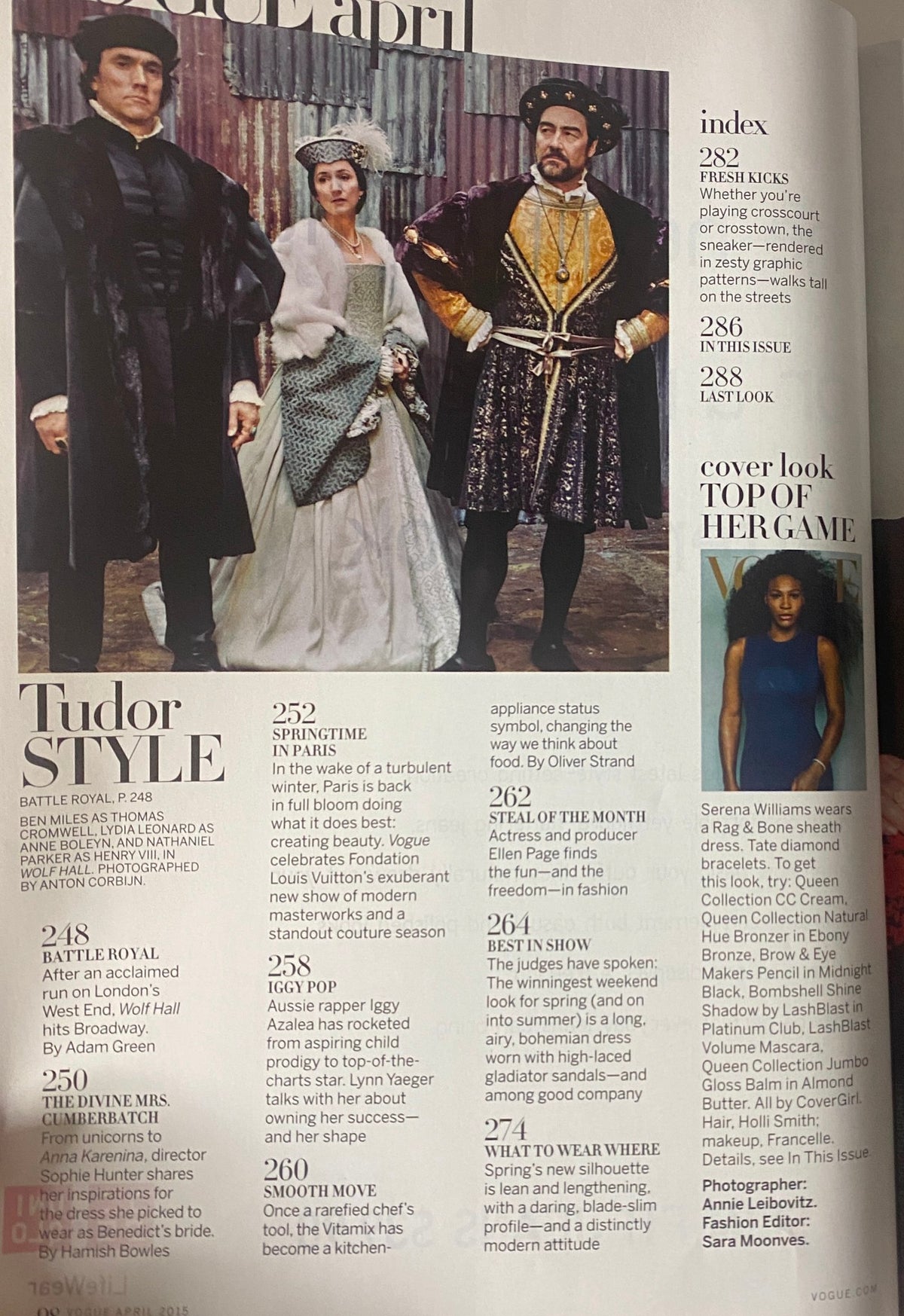 Interior page from Vogue Magazine April 2015 showcasing cultural content, including Tudor styles, and highlights from the issue's fashion and features.