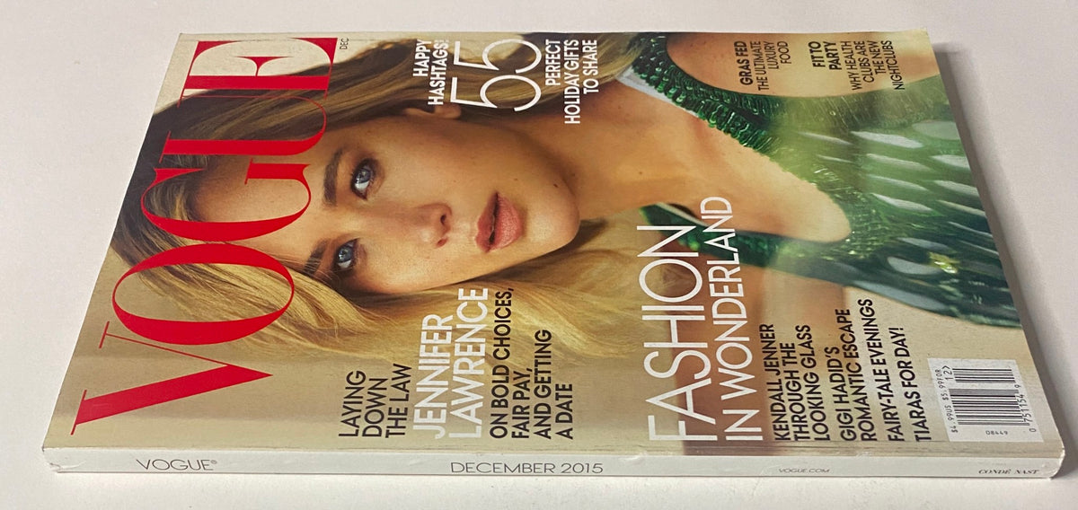 Vogue Magazine December 2015 featuring Jennifer Lawrence on the cover, showcasing fashion highlights and topics discussed in the issue.
