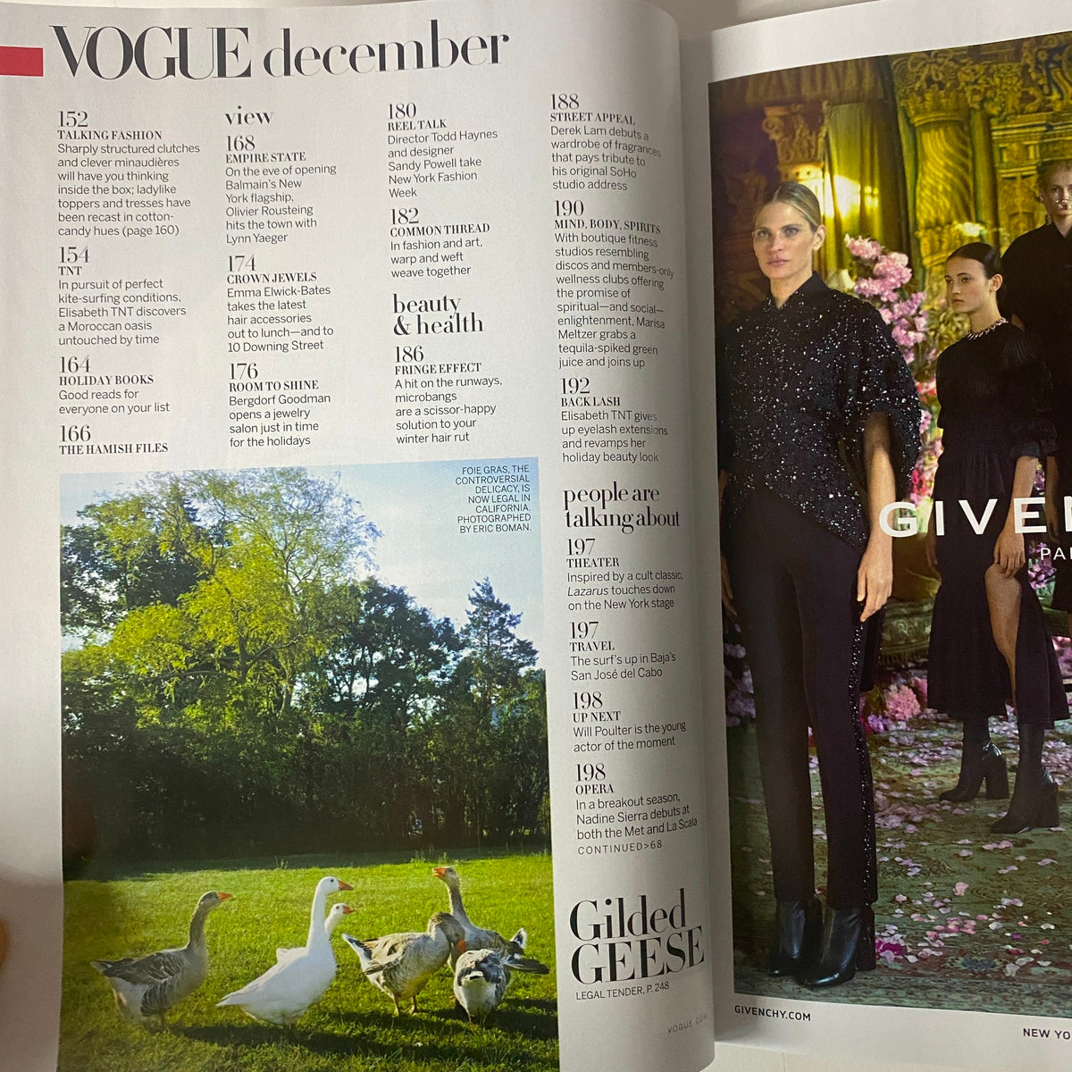 Interior page of Vogue Magazine December 2015 displaying a feature on Gilded Geese and lifestyle content, part of the edition with Jennifer Lawrence on the cover.