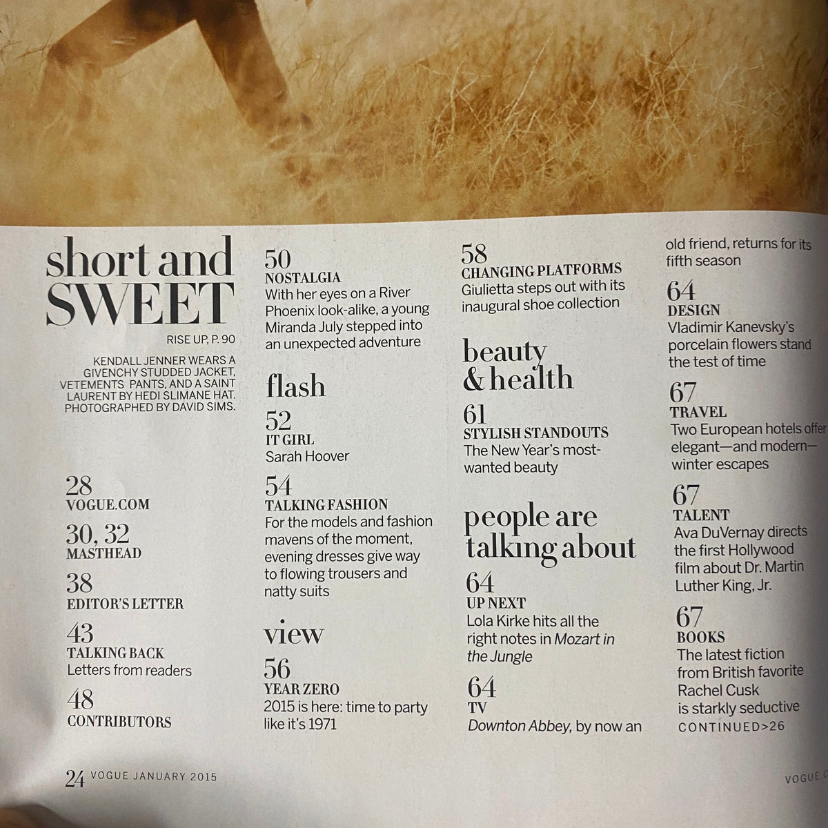 Contents page of Vogue Magazine January 2015, featuring notable mentions like Kendall Jenner and articles on fashion and health.