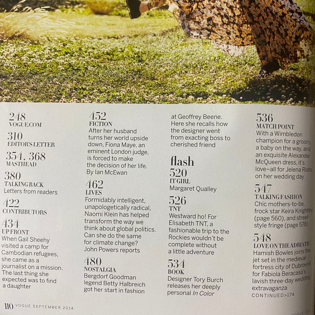 Inside page from Vogue Magazine September 2014, featuring editorial content, including a letter from the editor and articles on fashion and culture.
