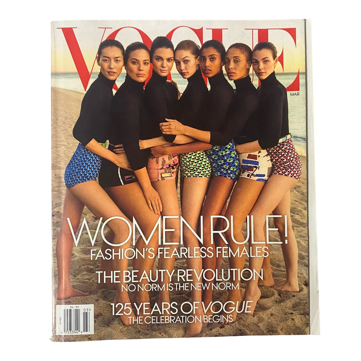 Cover of Vogue Magazine March 2017 featuring a multi-model shoot with the title 'Women Rule! Fashion's Fearless Females'. This issue highlights diversity and inclusivity in fashion.